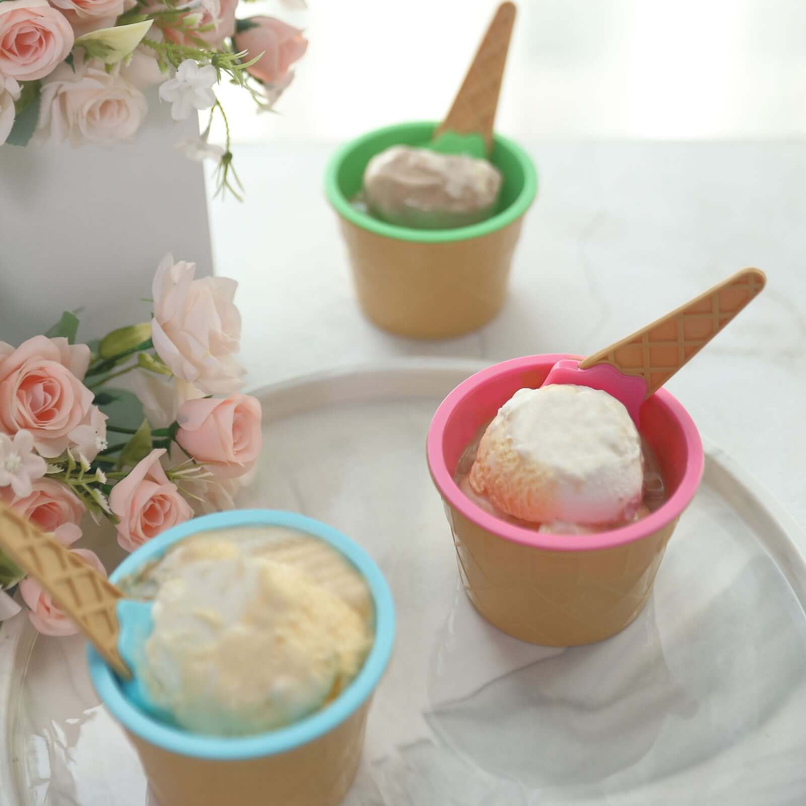 Set of 6 BPA-Free Plastic Dessert Cups with Waffle Design in Blue, Green, Pink & Matching Spoons