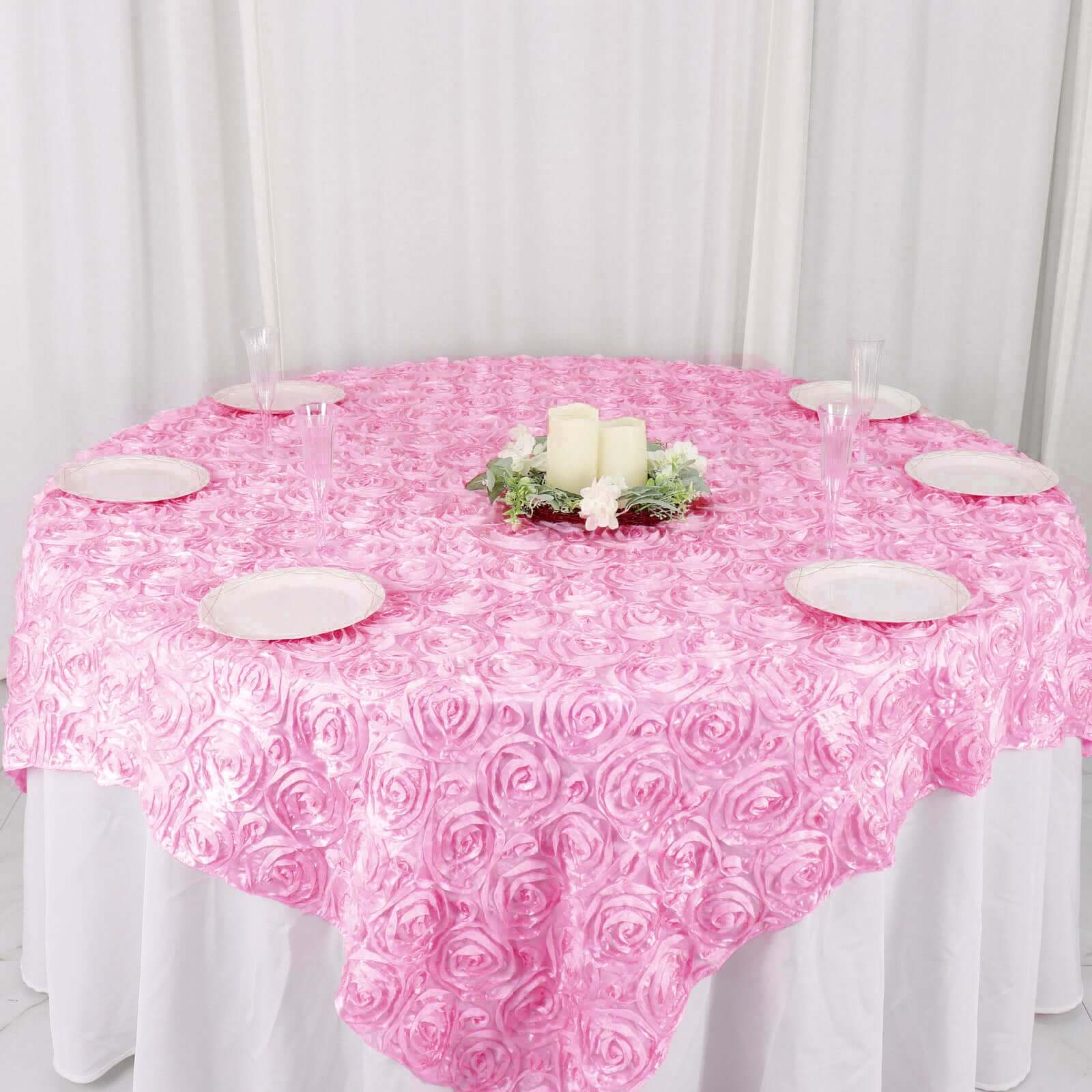 Pink 72x72 Satin Square Table Overlay with 3D Rosette Design
