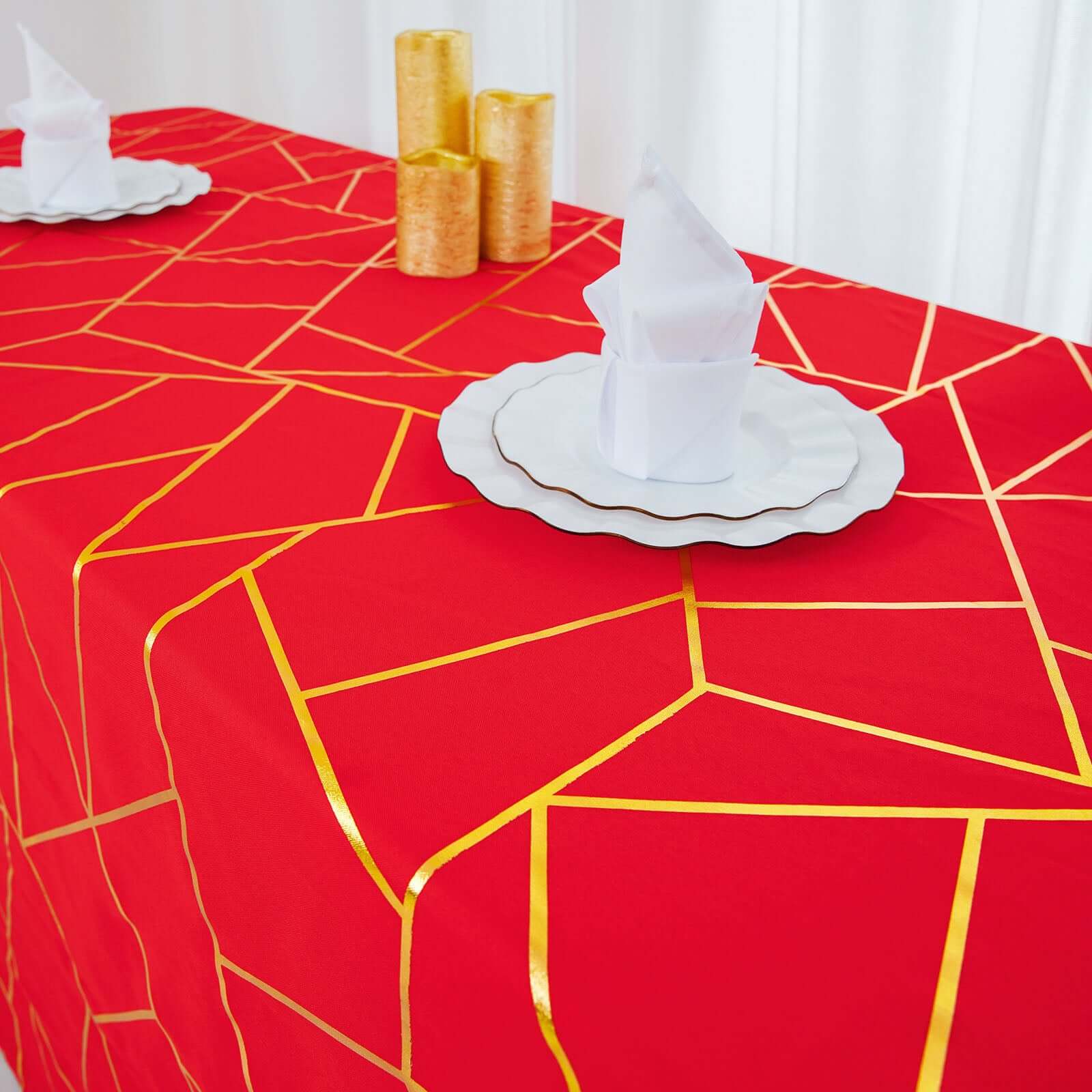 Hot! Red Seamless Polyester Tablecloth with Gold Foil Geometric Pattern, Wrinkle-Resistant (90x132)