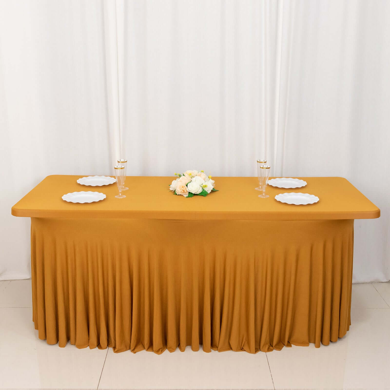 Stylish Gold Spandex Table Skirt with Wavy Effect for Weddings, Banquets & Shows
