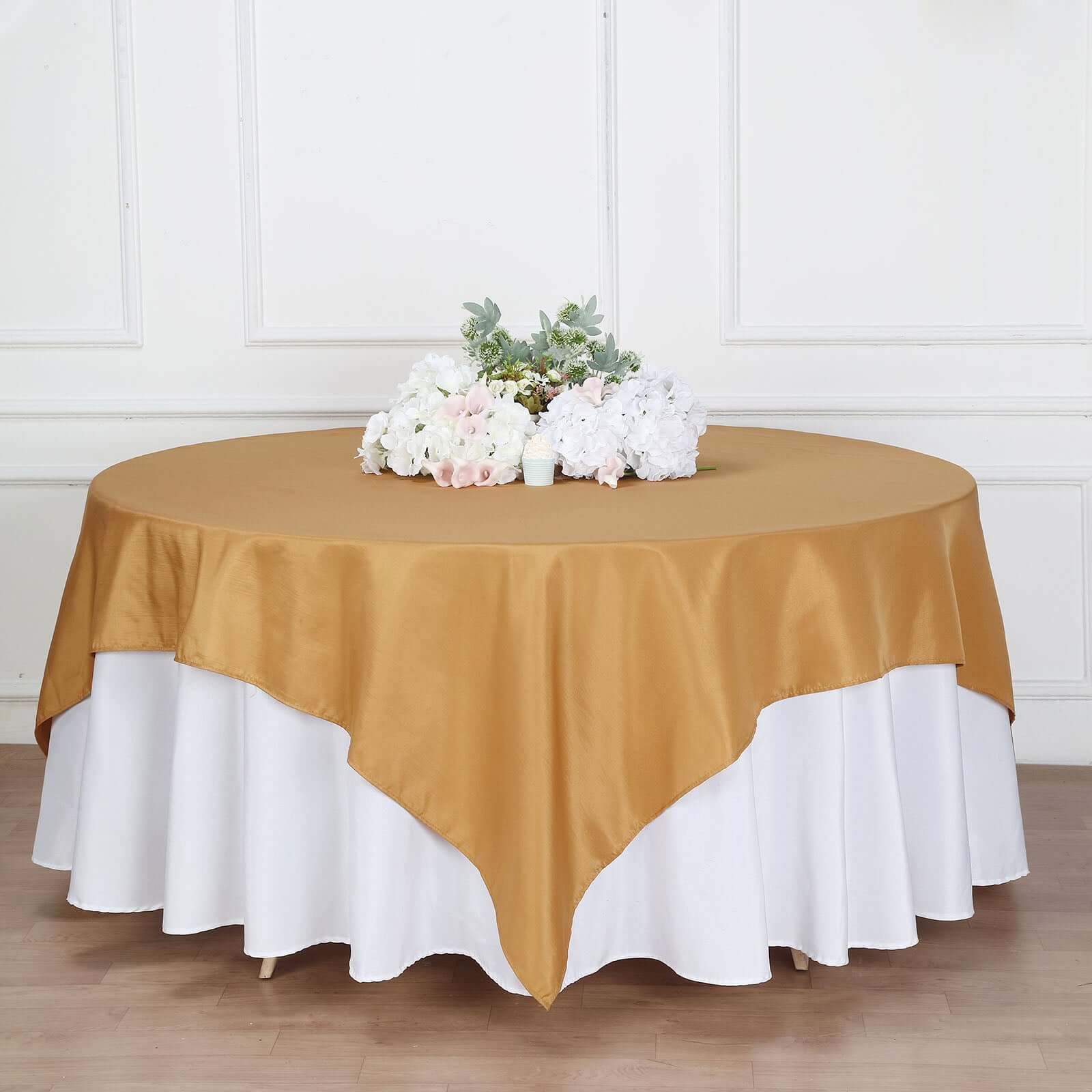 Gold 90x90 Square Polyester Table Overlay - Wrinkle-Resistant & Durable for Events