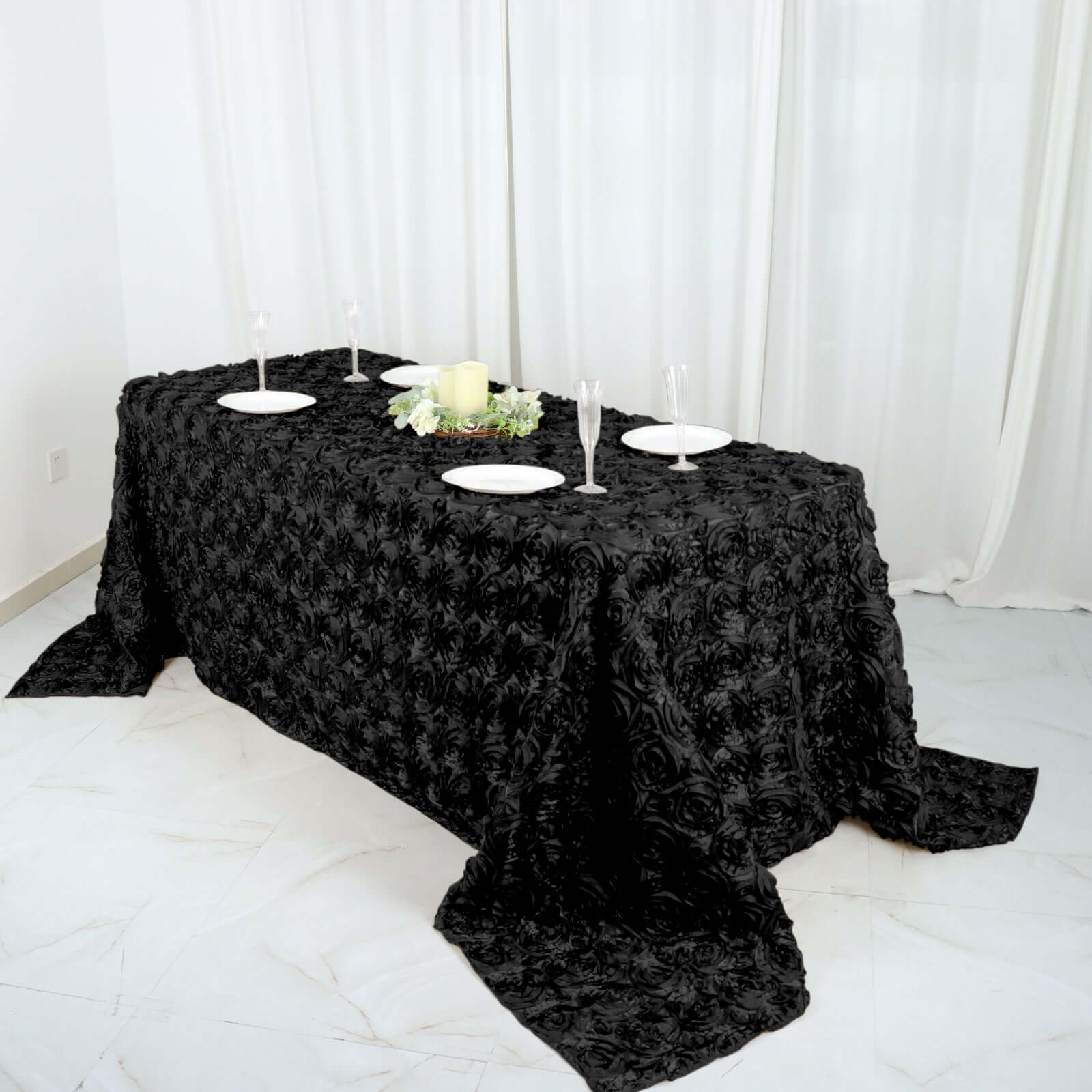 Black Satin Rectangle Tablecloth (90x132) with Stunning 3D Rosette Design for Elegant Gatherings