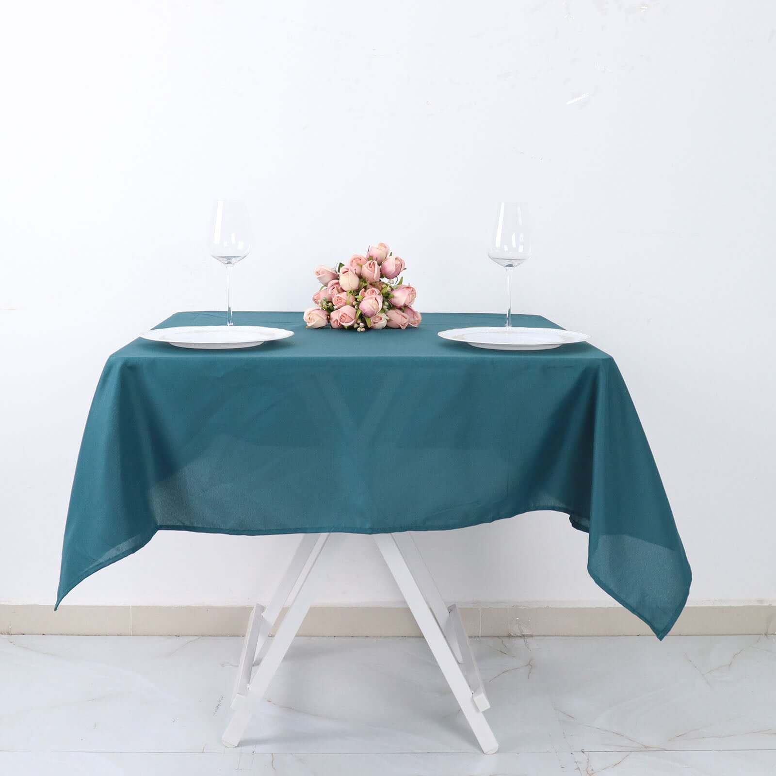 Wrinkle-Resistant & Durable 54x54 Polyester Square Tablecloth in Peacock Teal - Ideal for Events