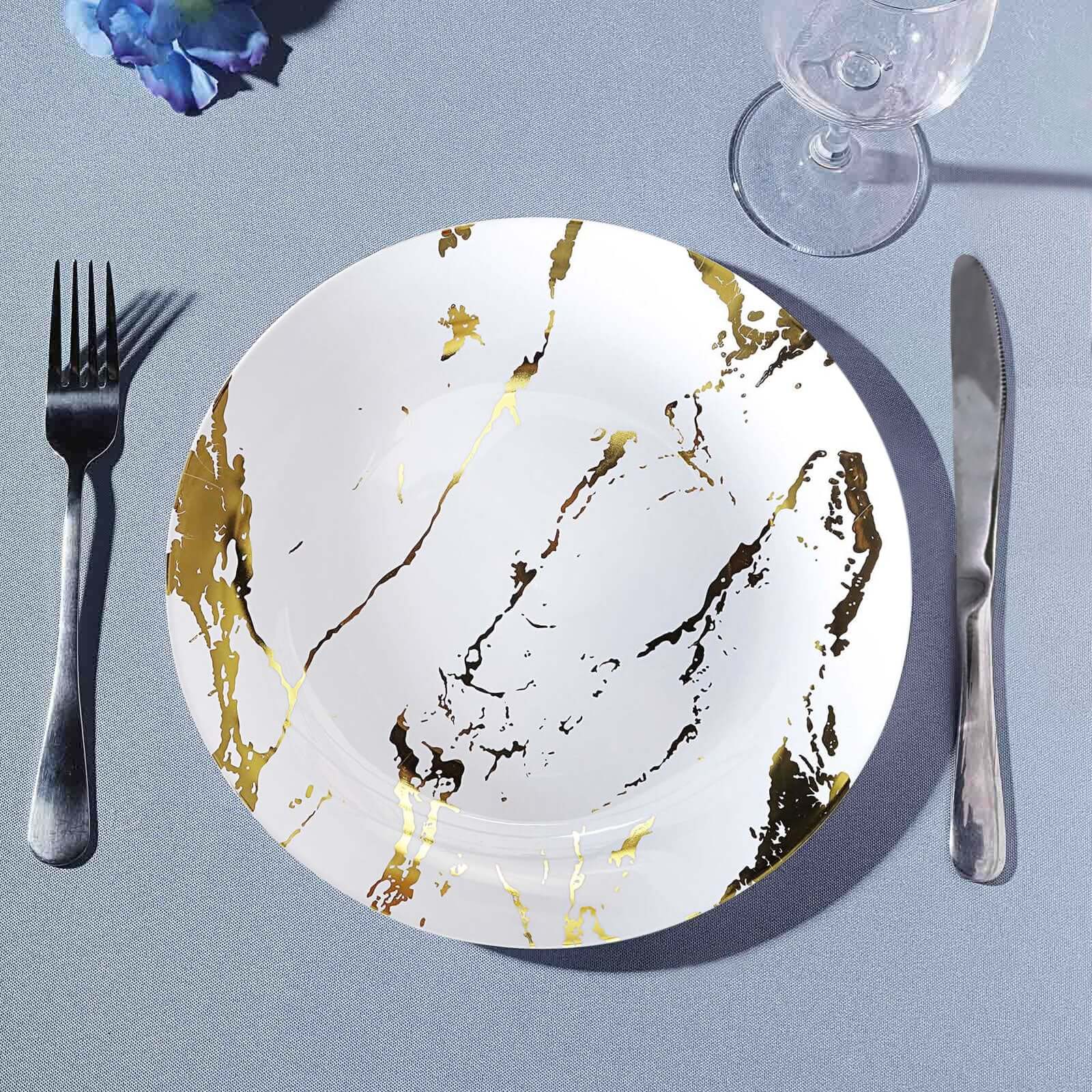 10-Piece Set of White Plastic Round Dinner Plates with Gold Marble Print for Elegant Parties