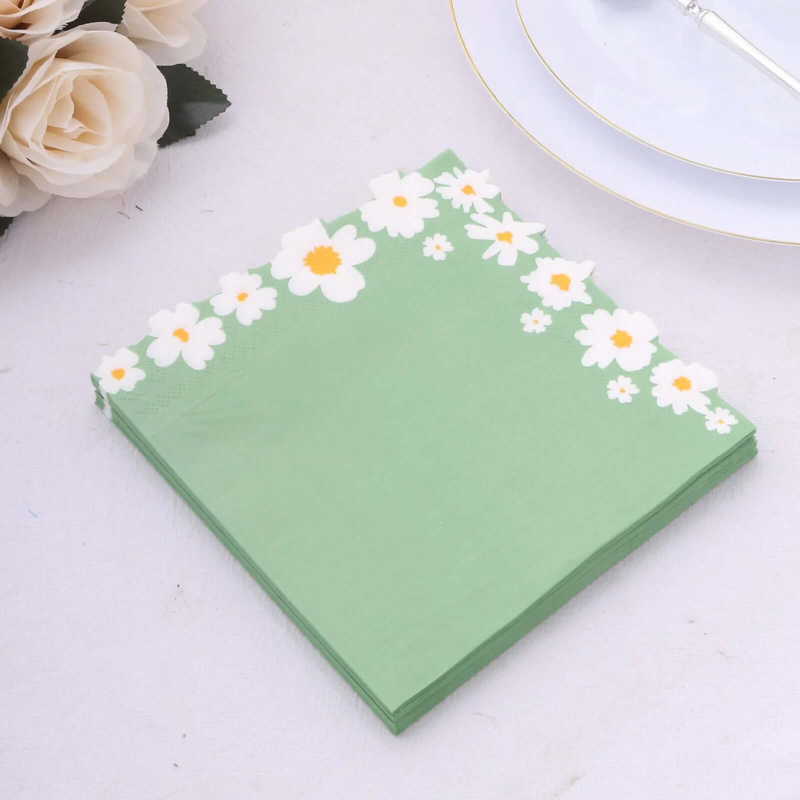 20-Piece Sage Green Daisy Flower 2-Ply Soft 18GSM Paper Beverage Napkins 6.5x6.5