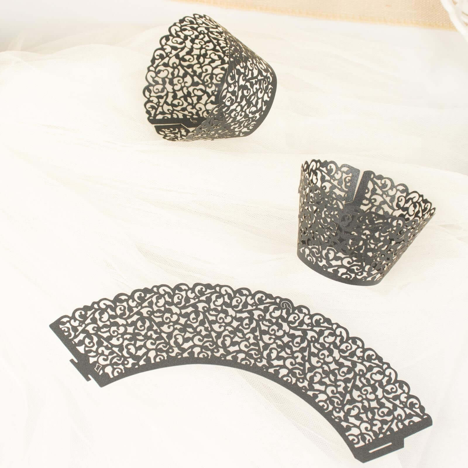 25-Pack Premium Black Lace Laser-Cut Paper Cupcake Wrappers - Ideal for Events
