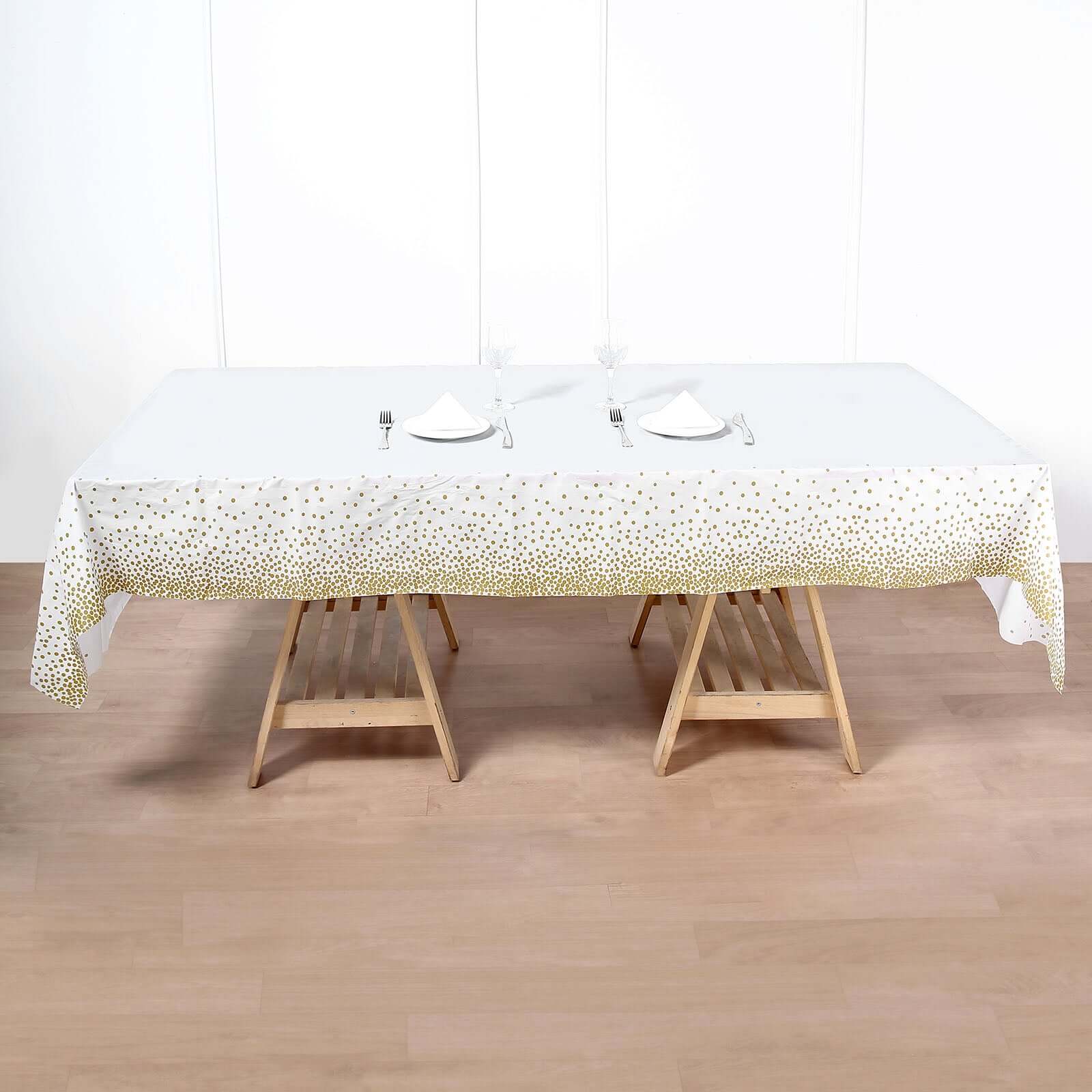 5-Pack Disposable PVC White Rectangle Table Covers with Gold Confetti Dots - Ideal for Events