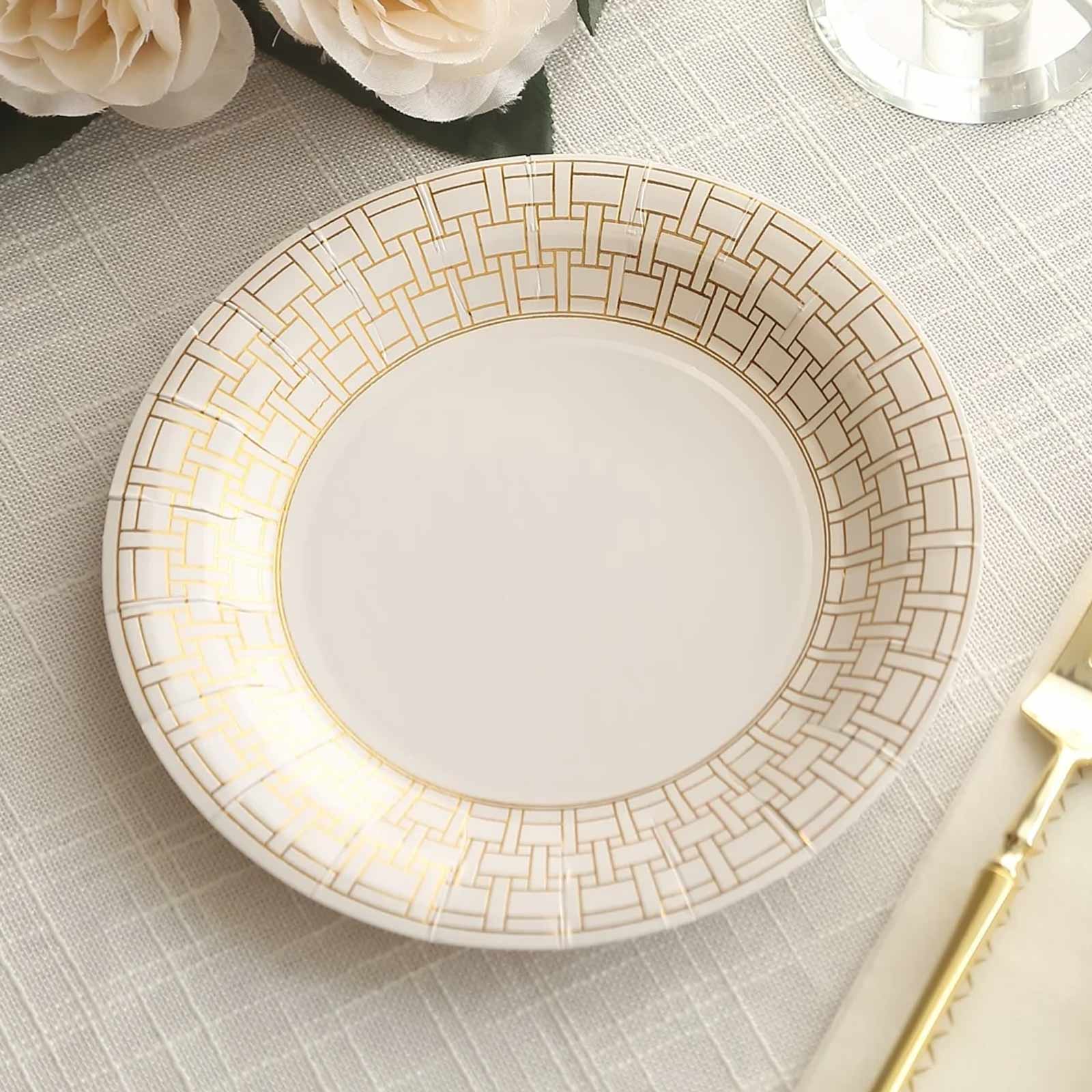 25-Piece Set of White Round Dessert Paper Plates with Elegant Gold Basketweave Rim
