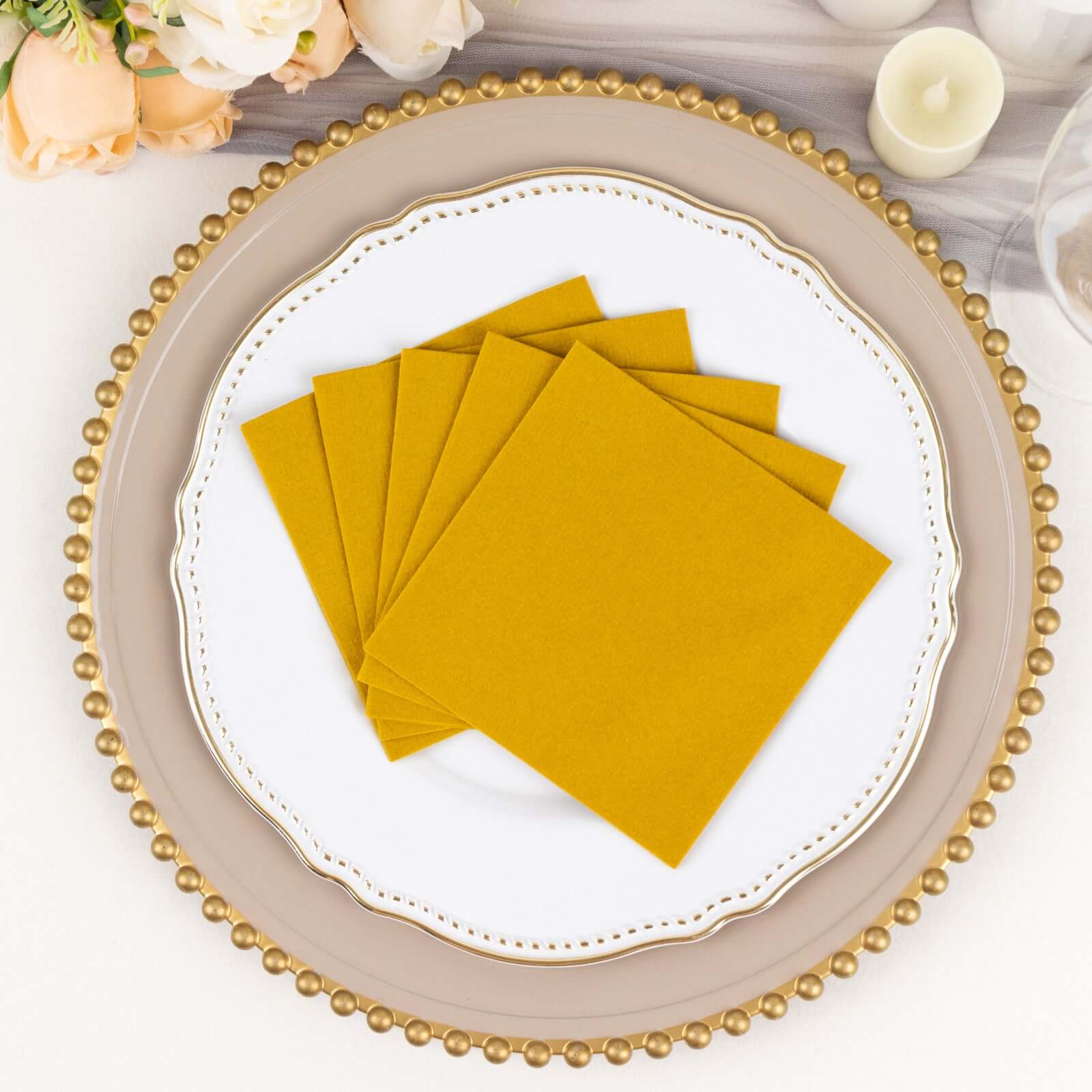 20-Piece Pack of 5x5 Gold Linen-Like Airlaid Beverage Napkins - Super Absorbent & Disposable