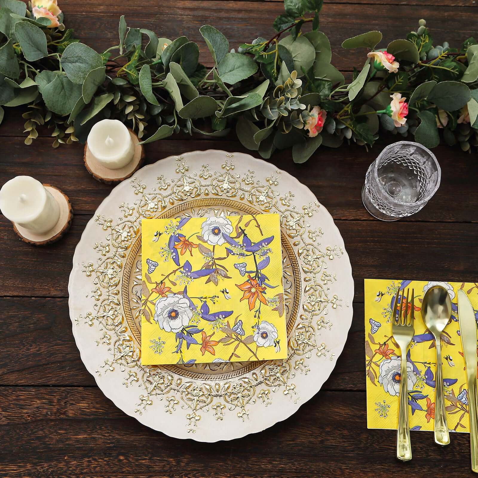 20-Pack Yellow Floral 2-Ply Soft 18GSM Paper Beverage Napkins for Weddings and Parties