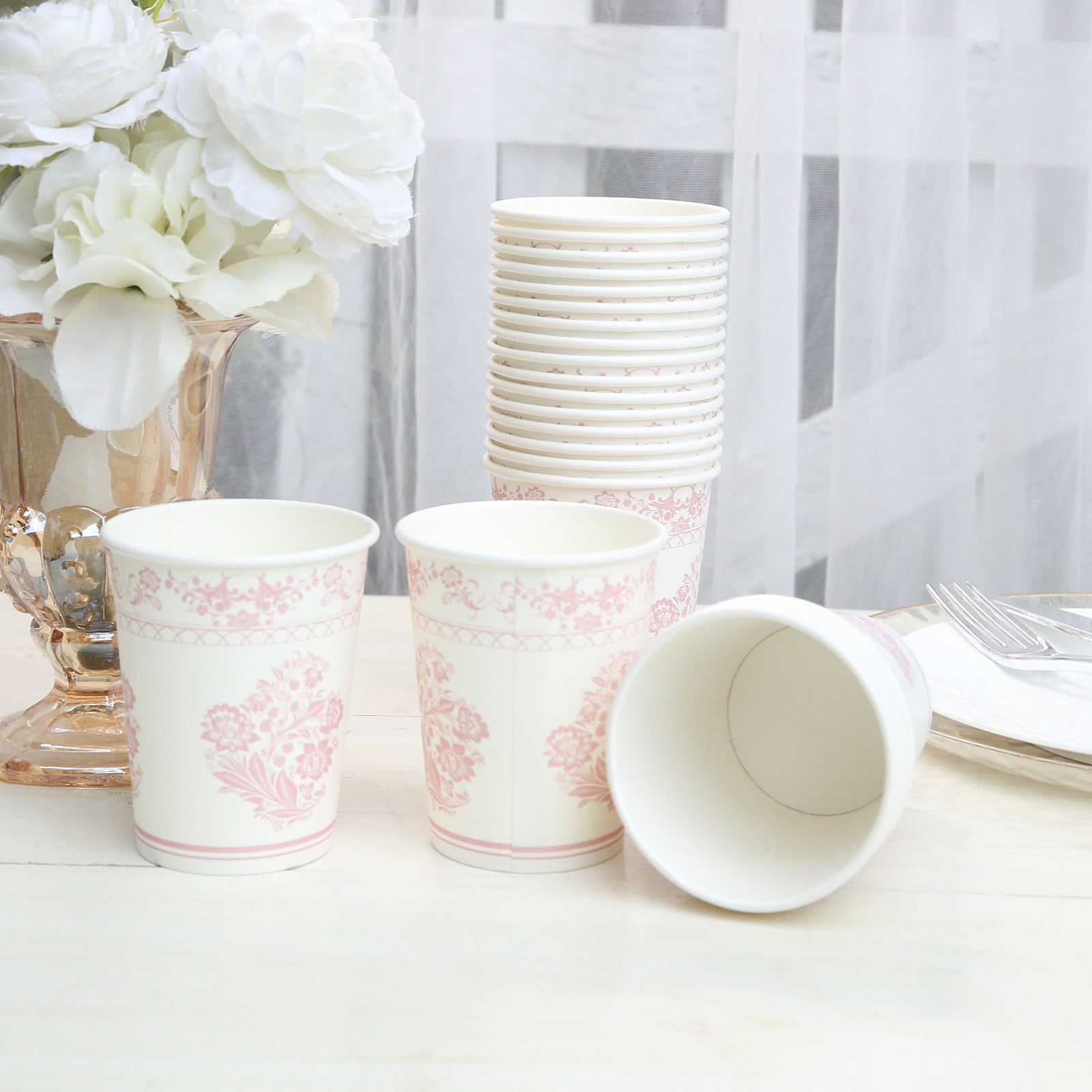 Hot Deal! 24-Pack 9oz Disposable Paper Party Cups in Elegant White Pink French Toile Pattern