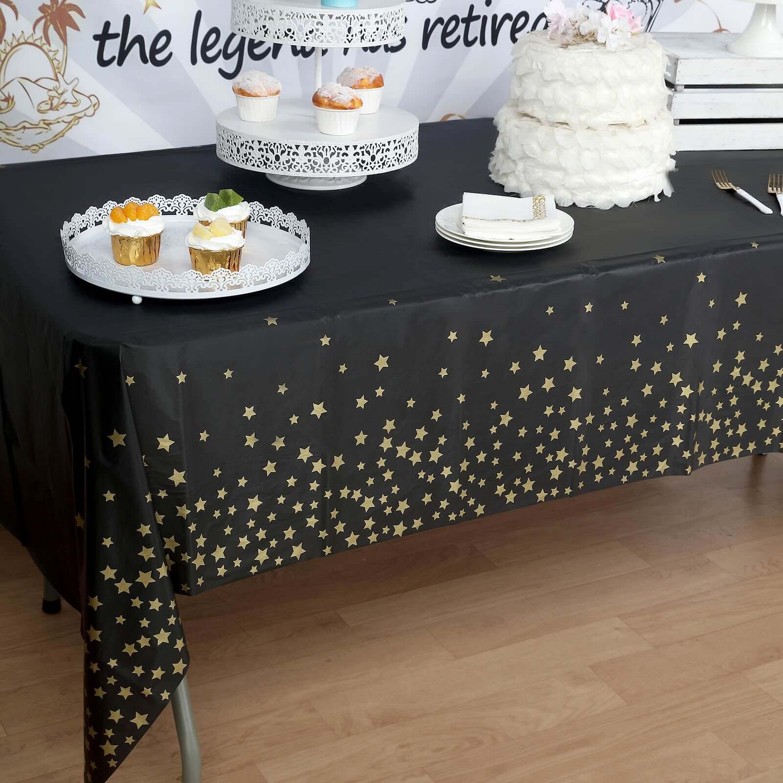 5-Pack Premium Disposable PVC Table Covers: Black Rectangle with Gold Stars, 54x108