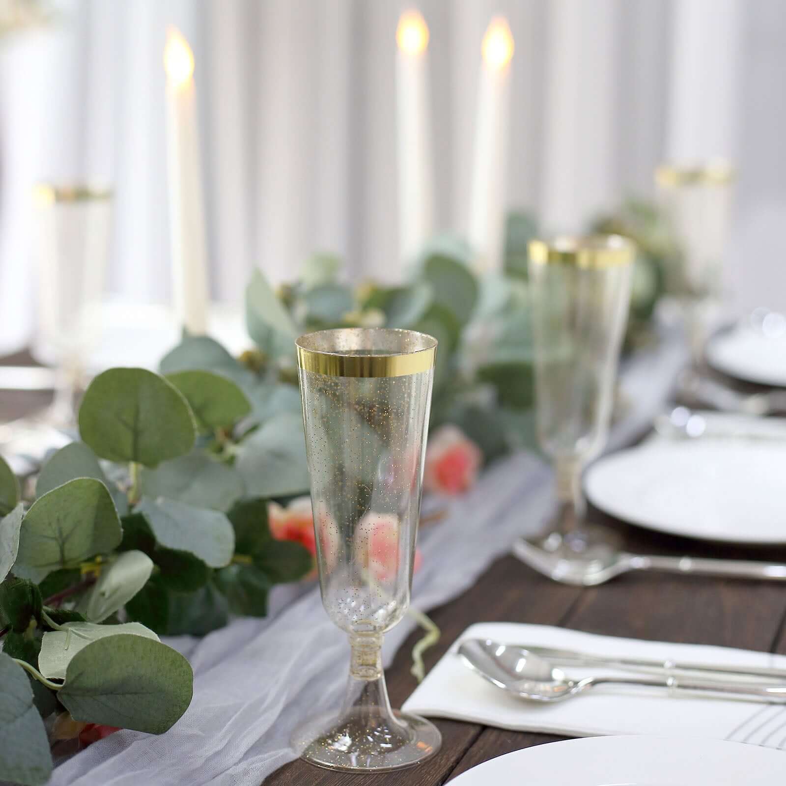 Hot Sale! 12-Pack Disposable Plastic Champagne Flutes with Clear Body, Gold Glitter, and Gold Rim for Parties, 6oz