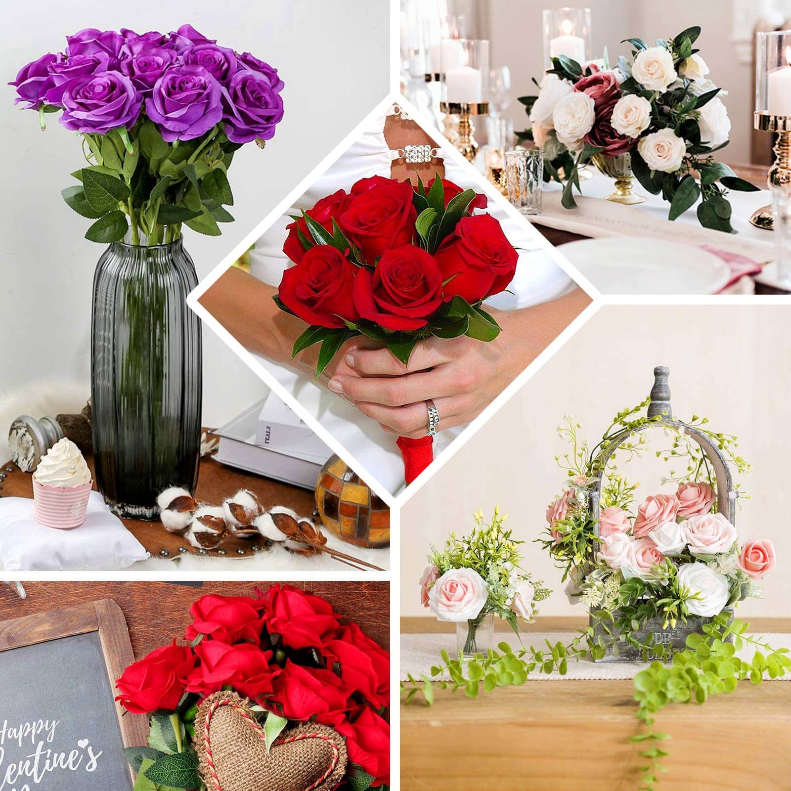 Exclusive Deal! 2 Bushes of 18 Real - Touch Purple Artificial Silk Rose Flower Bouquets for Decor