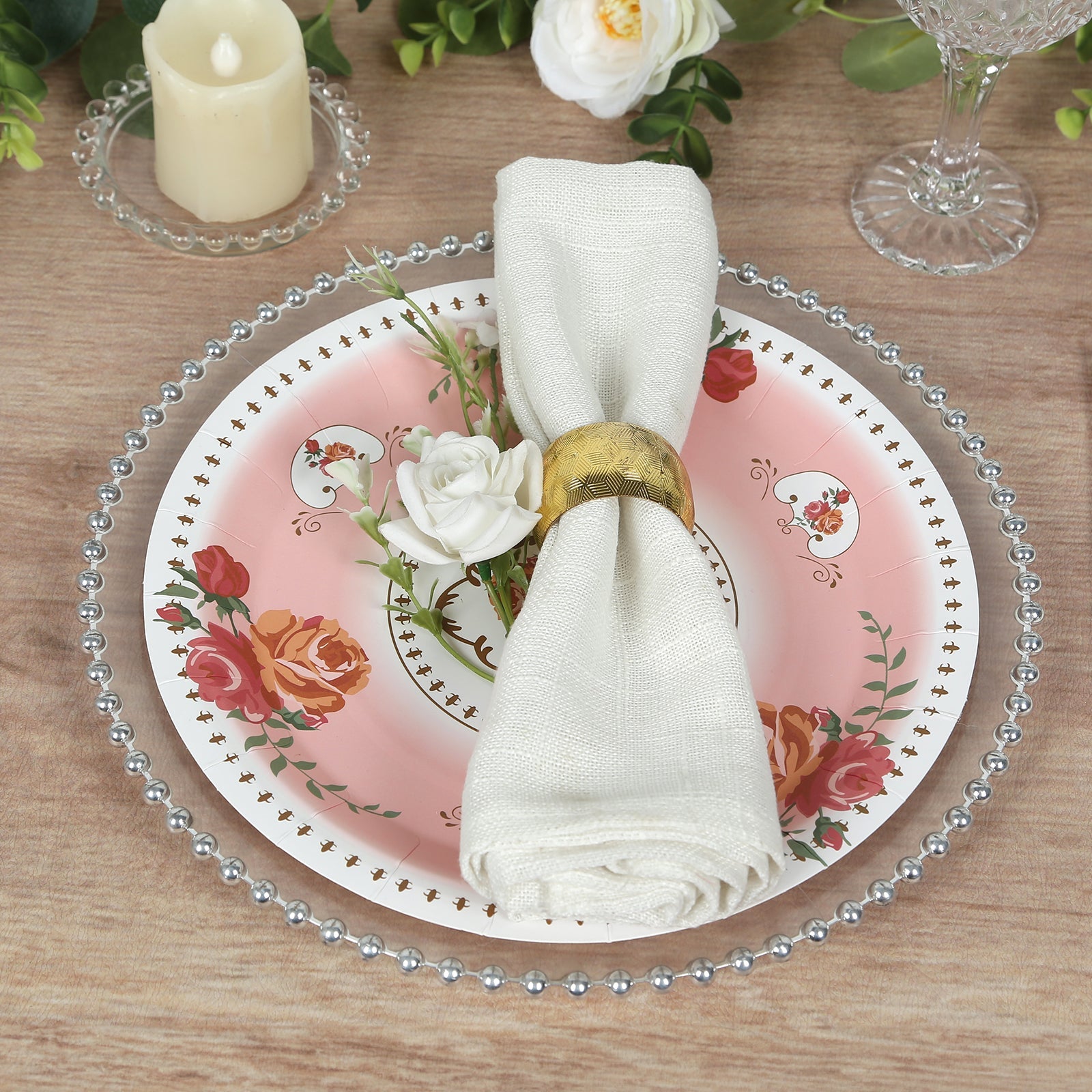 25-Piece Set of 9-Inch Disposable Dusty Rose Paper Dinner Plates with Vintage Rose Prints