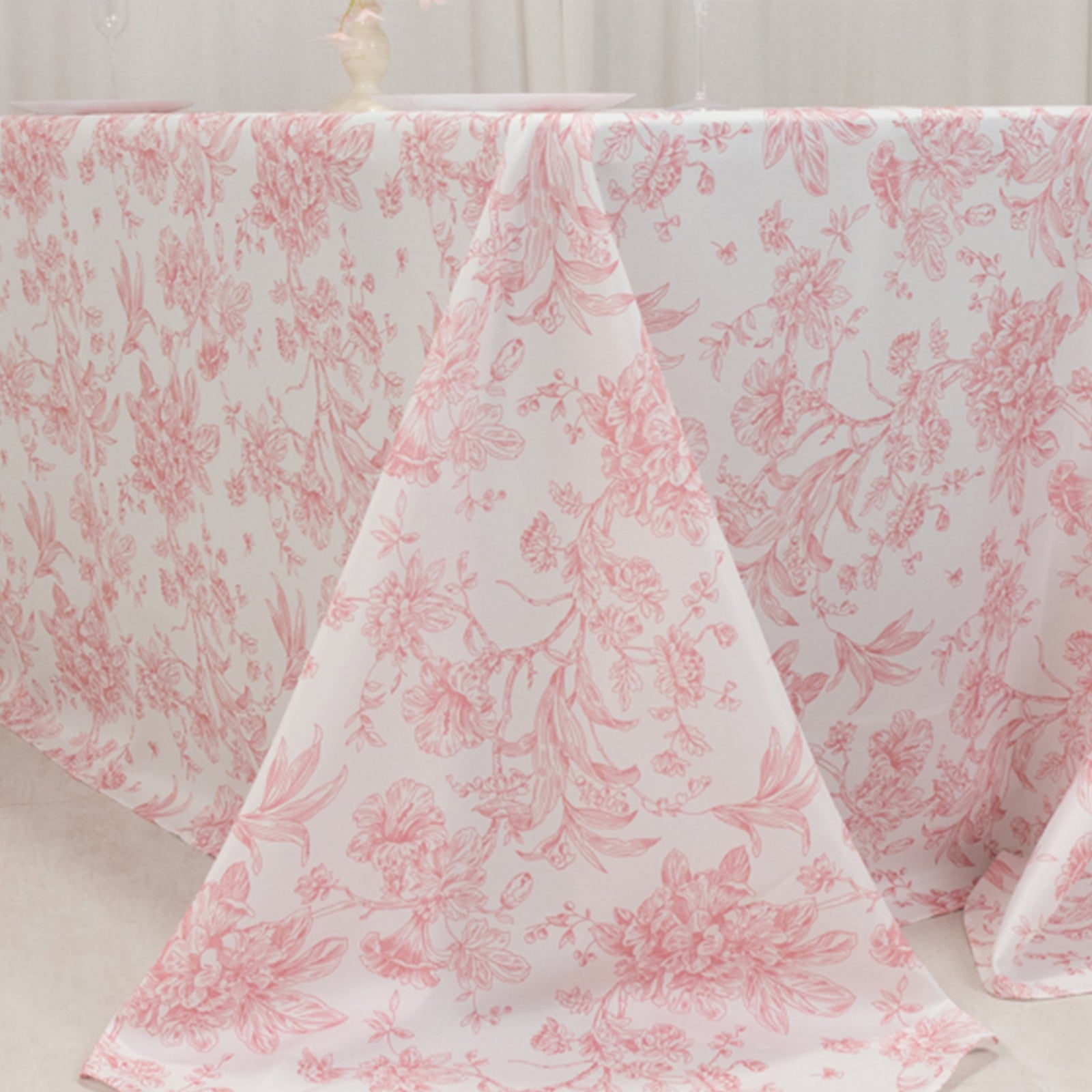 Exclusive Seamless Polyester Rectangle Tablecloth with Pink French Toile Pattern for Formal Celebrations - White
