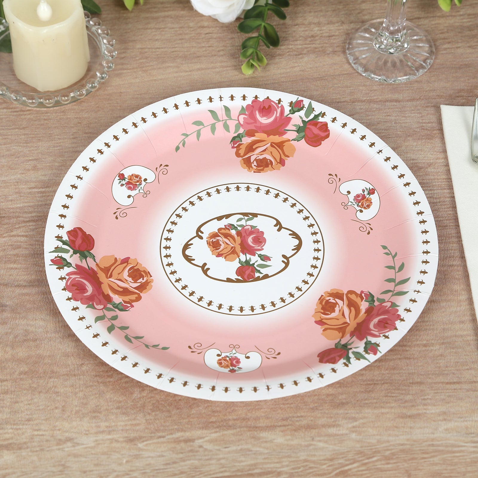25-Piece Set of 9-Inch Disposable Dusty Rose Paper Dinner Plates with Vintage Rose Prints