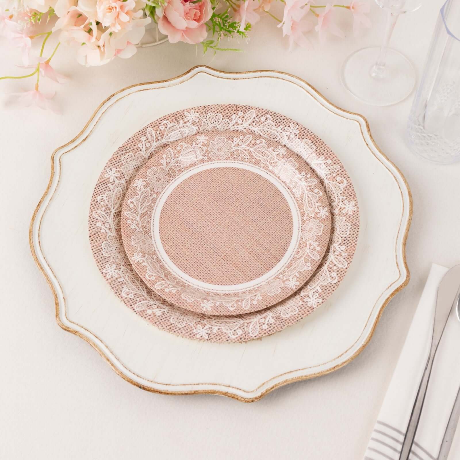 25-Pack 9-Inch Round Disposable Paper Dinner Plates with Natural Burlap & White Floral Lace Design