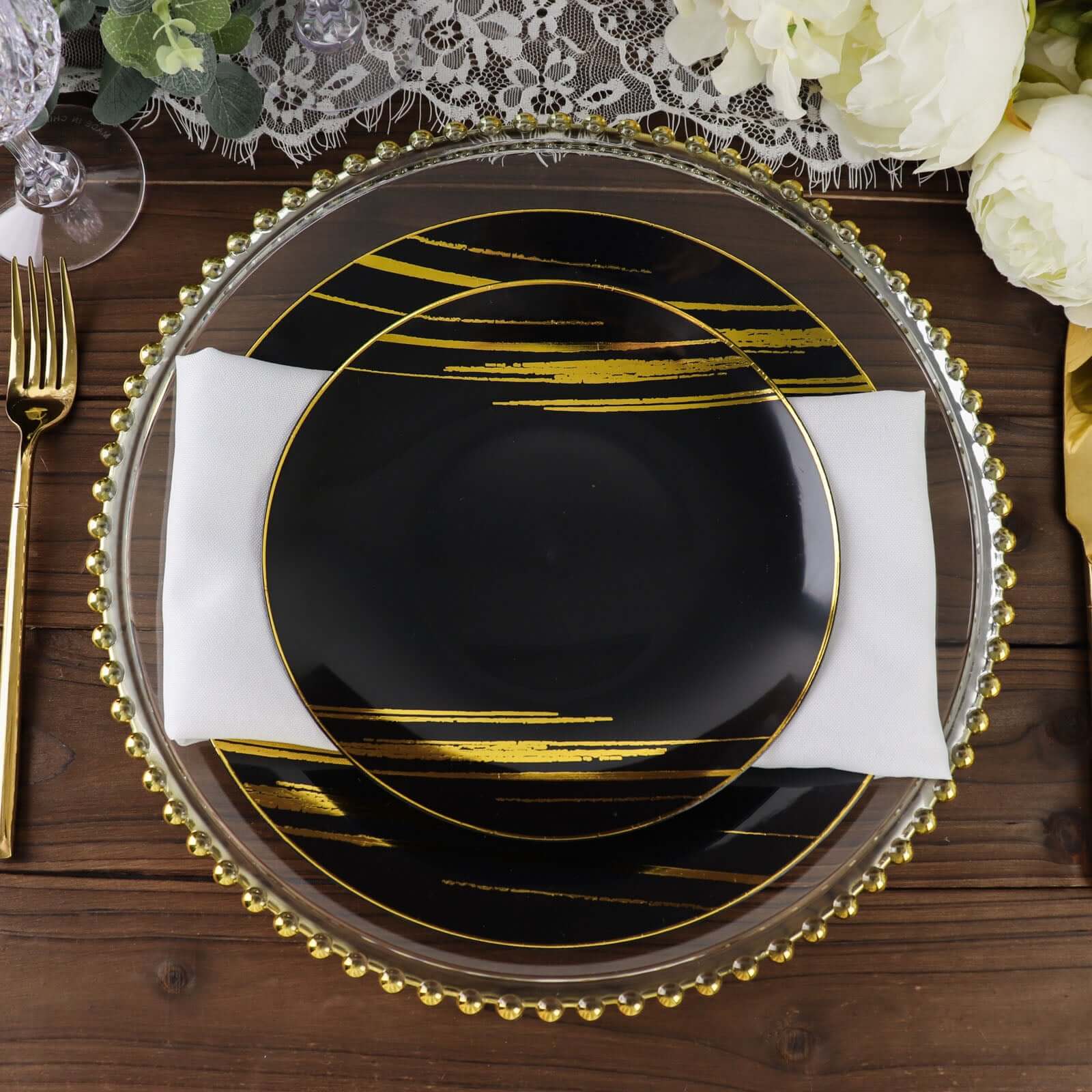 Hot Deal! 10-Pack Disposable Black Plastic Round Dinner Plates with Gold Brush Print