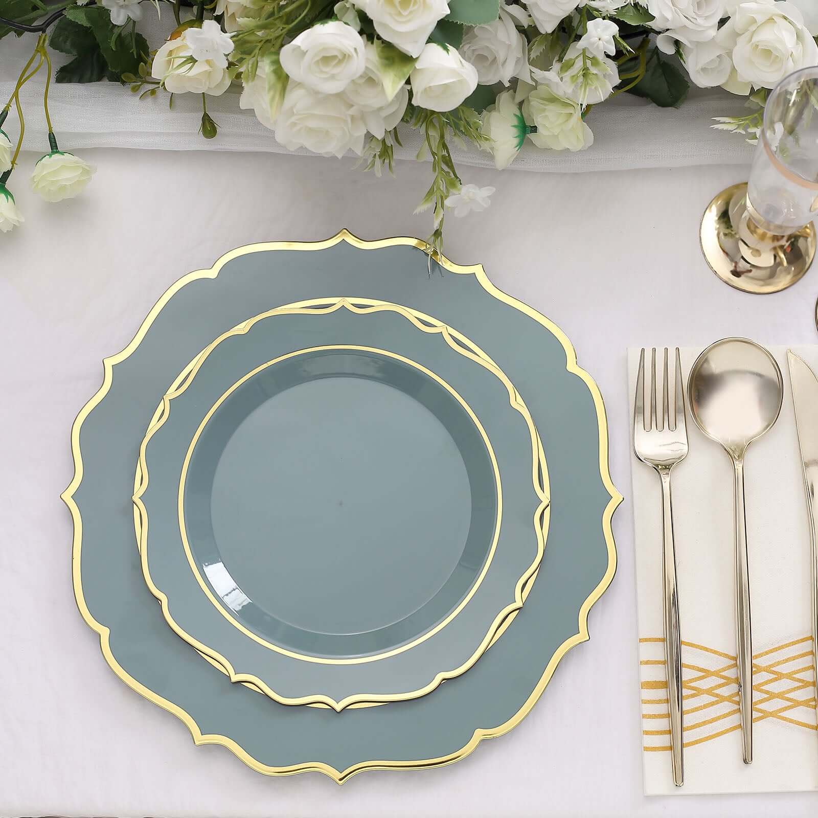 Get 10-Pack of Disposable Dusty Blue Plastic Round Dinner Plates with Gold Scalloped Rims for Party