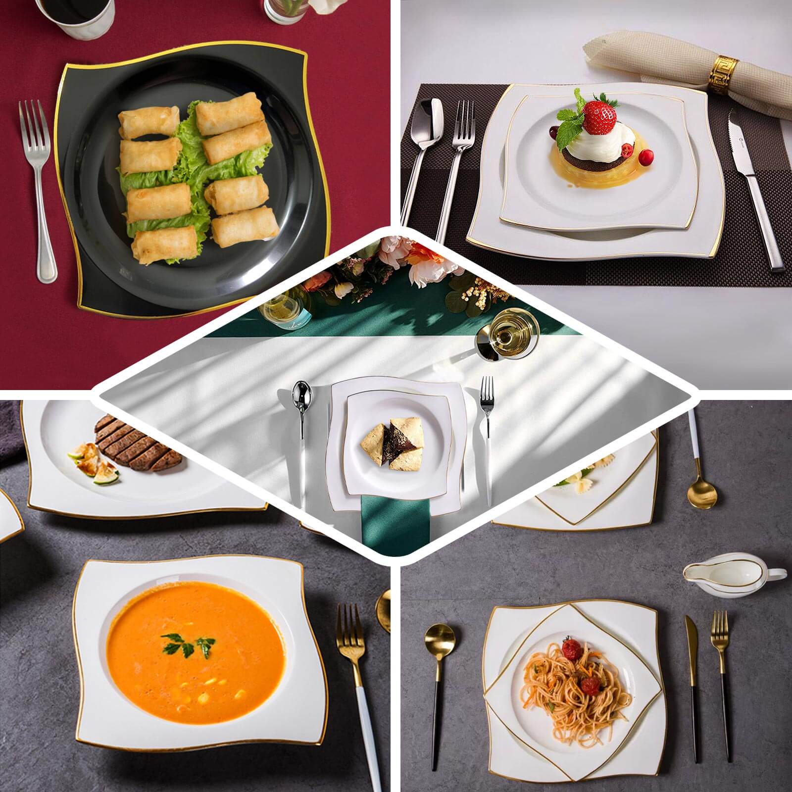 Get 10-Pack Disposable Black Plastic Square Dinner Plates with Gold Wavy Rim for Modern Parties