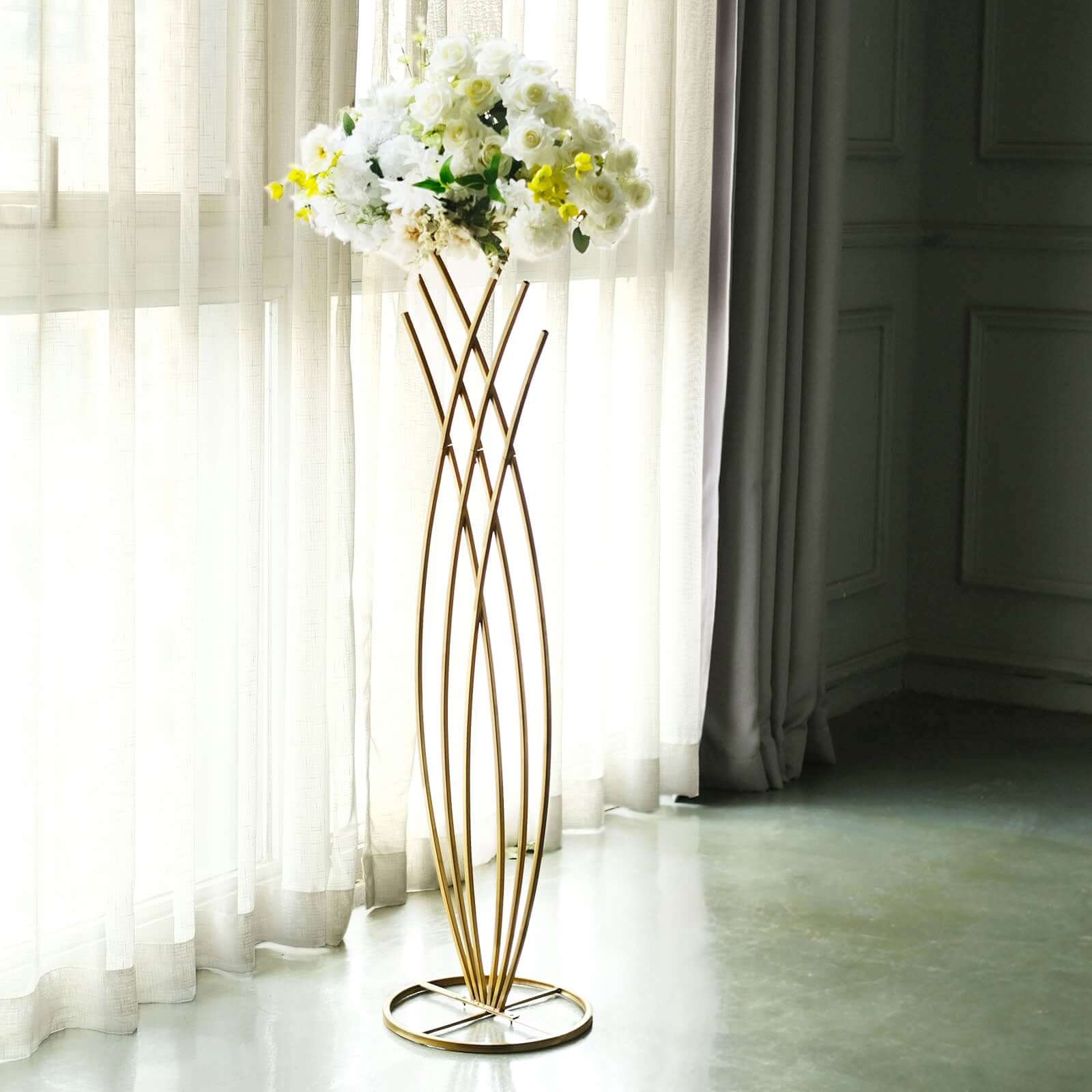 4ft Tall Gold Metal Wired Floral Display Stand in Mermaid Tail Style for Weddings