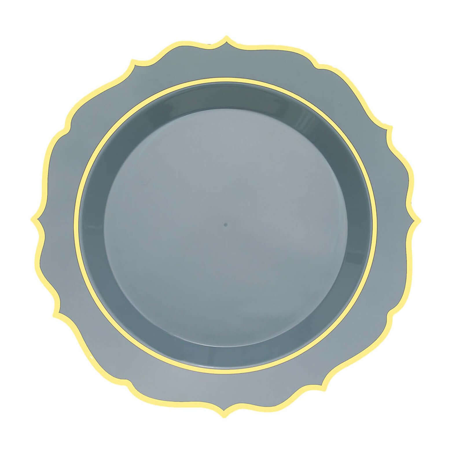 Get 10-Pack of Disposable Dusty Blue Plastic Round Dinner Plates with Gold Scalloped Rims for Party