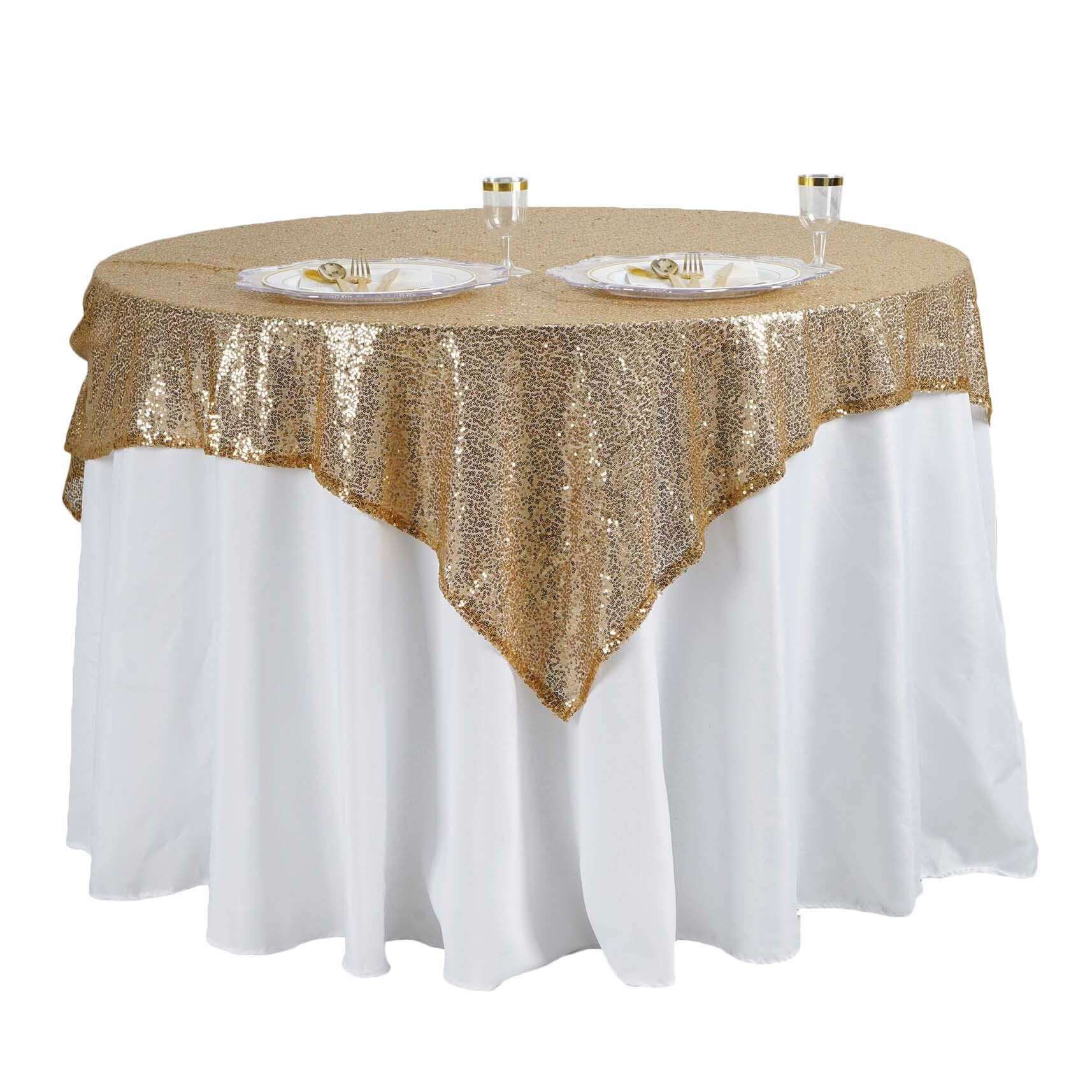 Luxe Gold Sequin Square Table Overlay 60x60 - Perfect for Weddings and Events