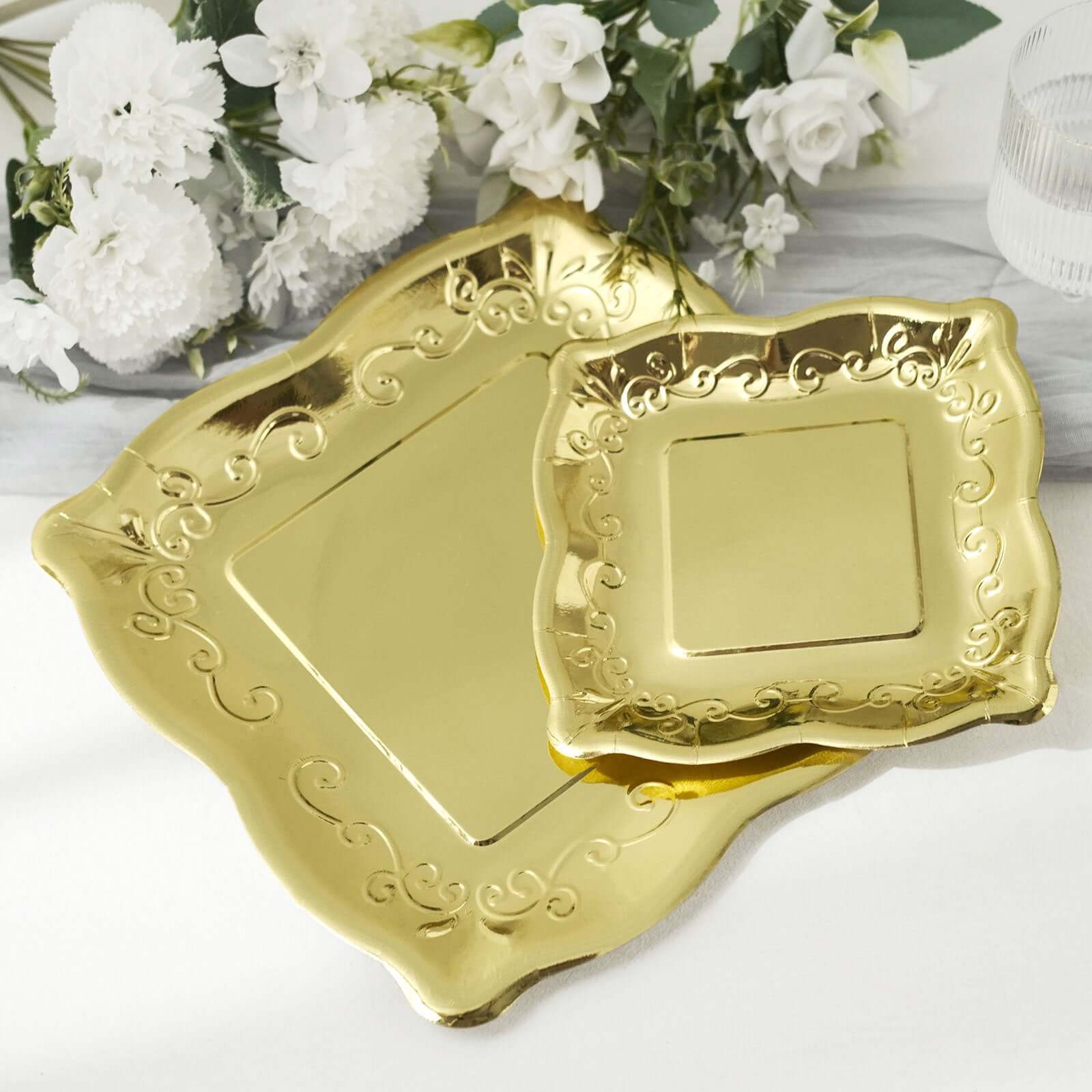 25-Pack Disposable Gold Square Dinner Plates with Vintage Pottery Embossed Design for Glamorous Events