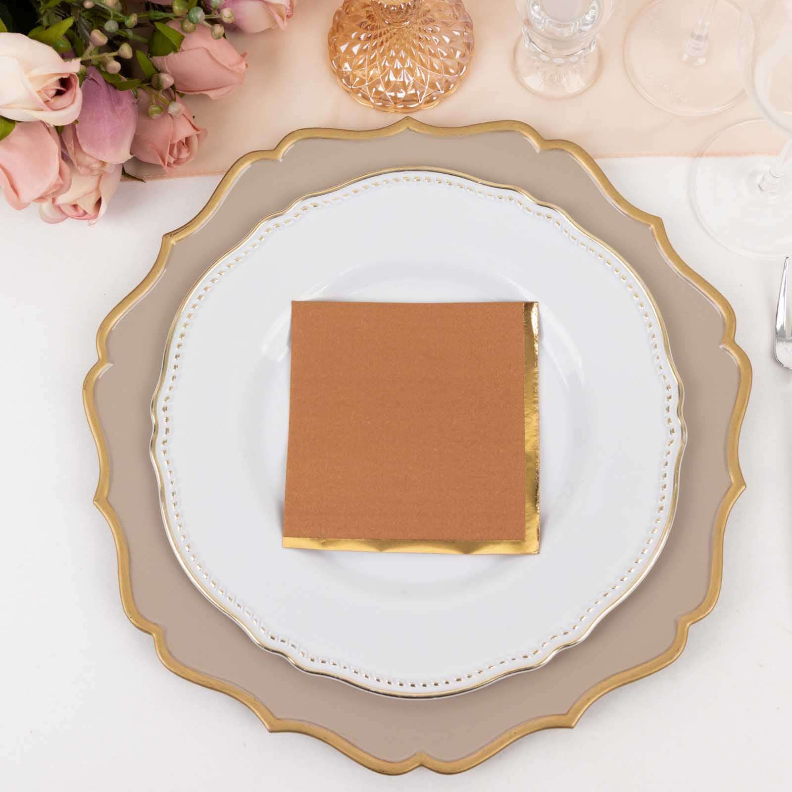 50-Piece 2-Ply Disposable Soft 18GSM Terracotta (Rust) Cocktail Napkins with Gold Foil Edge 5x5