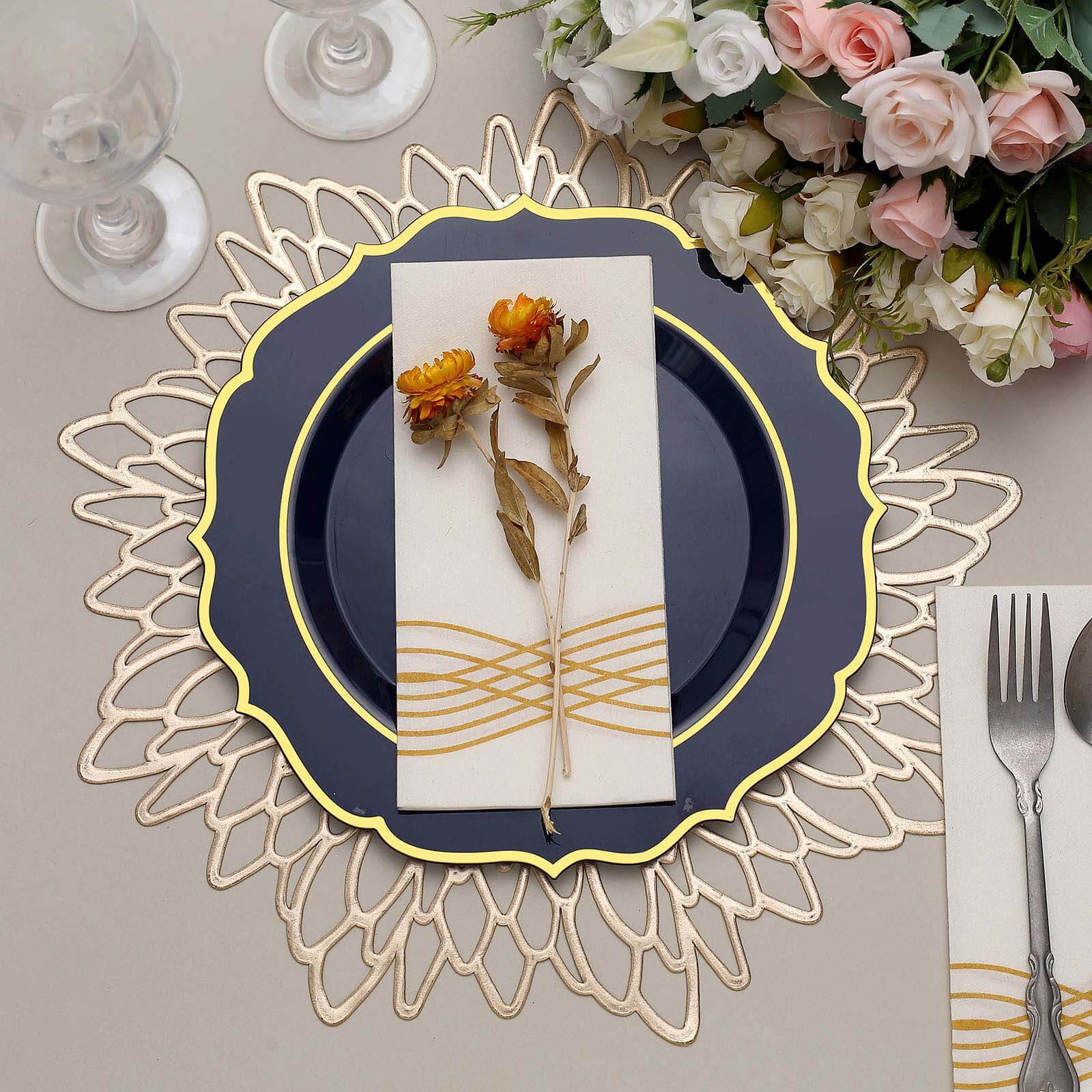 10-Pack Disposable Navy Blue Plastic Round Dinner Plates with Gold Scalloped Rims - Ideal for Parties