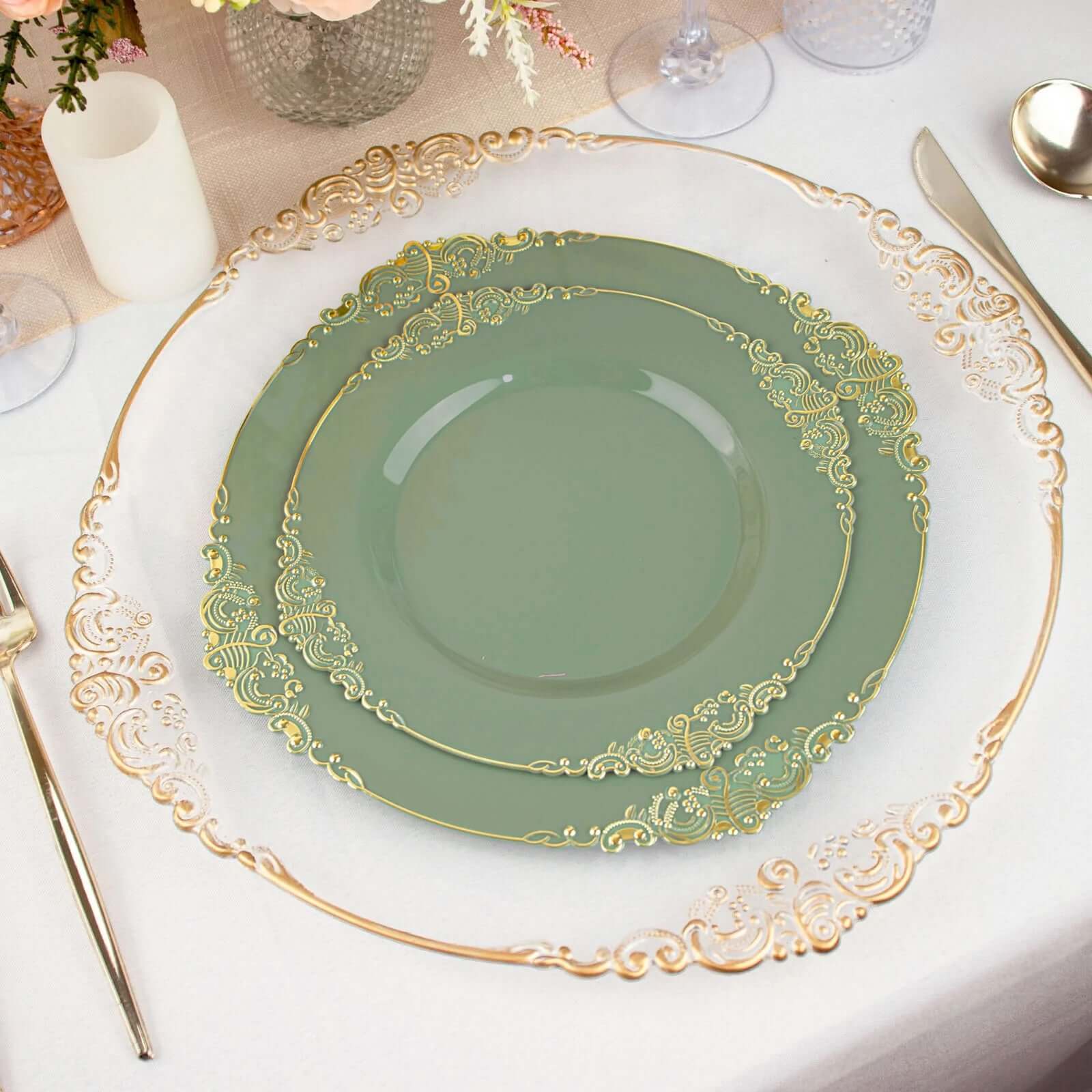 10-Pack Disposable Vintage Baroque Style Plastic Round Salad Dessert Plates in Dusty Sage Green with Gold Leaf Rim