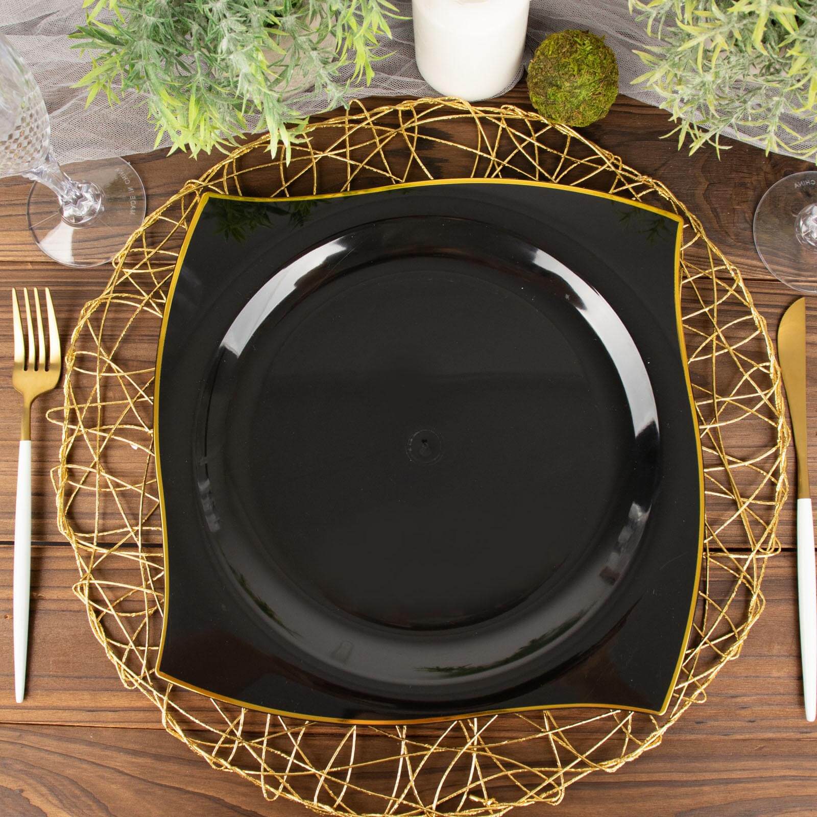 Get 10-Pack Disposable Black Plastic Square Dinner Plates with Gold Wavy Rim for Modern Parties