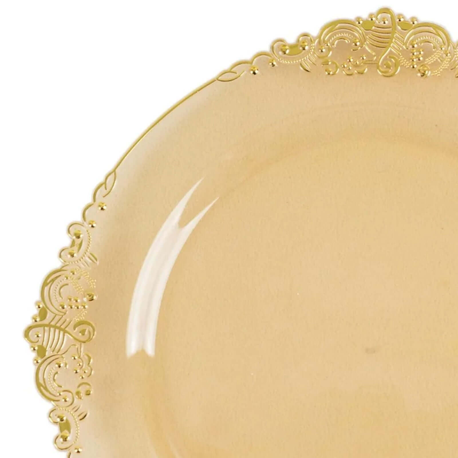 10-Pack Disposable Vintage Baroque Style 8-Inch Round Plastic Dessert Plates in Transparent Amber Gold with Gold Leaf Rim