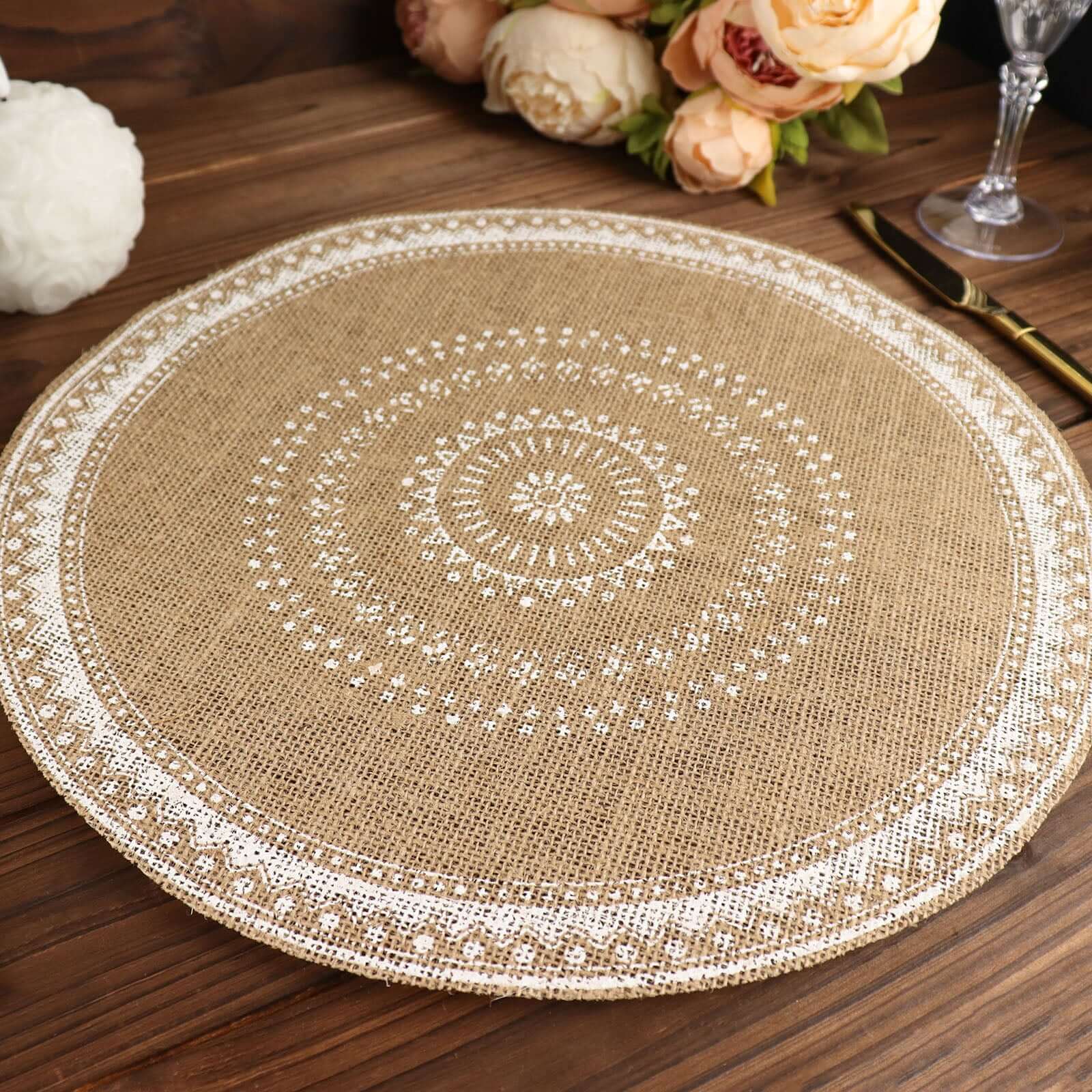 4-Pack Round Braided Placemats in Natural Jute and White - Ideal Rustic Table Mats 15 Inches