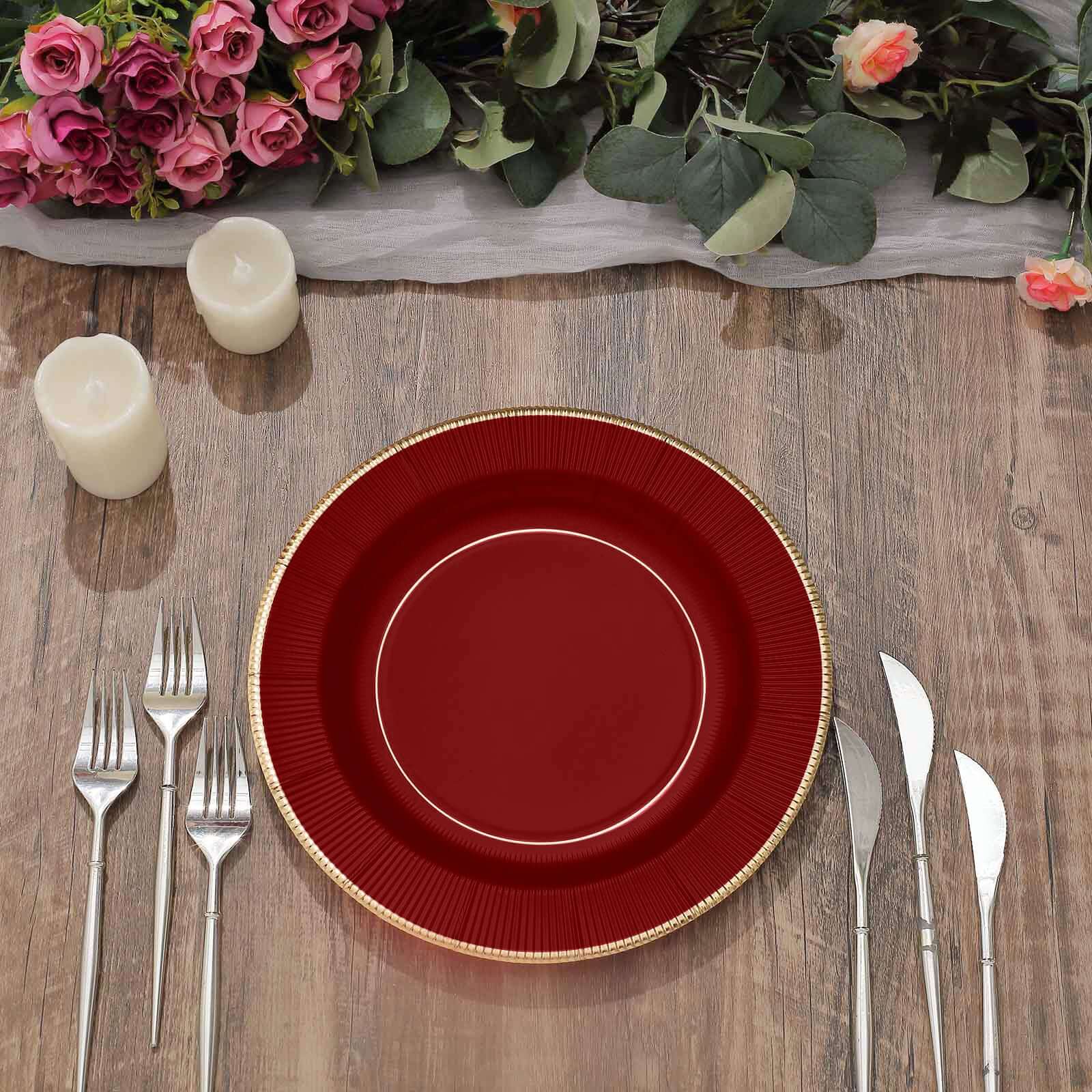 25-Pack Disposable Heavy Duty 350GSM Paper Round Dinner Plates in Burgundy Sunray Design with Gold Rim - Perfect for Parties