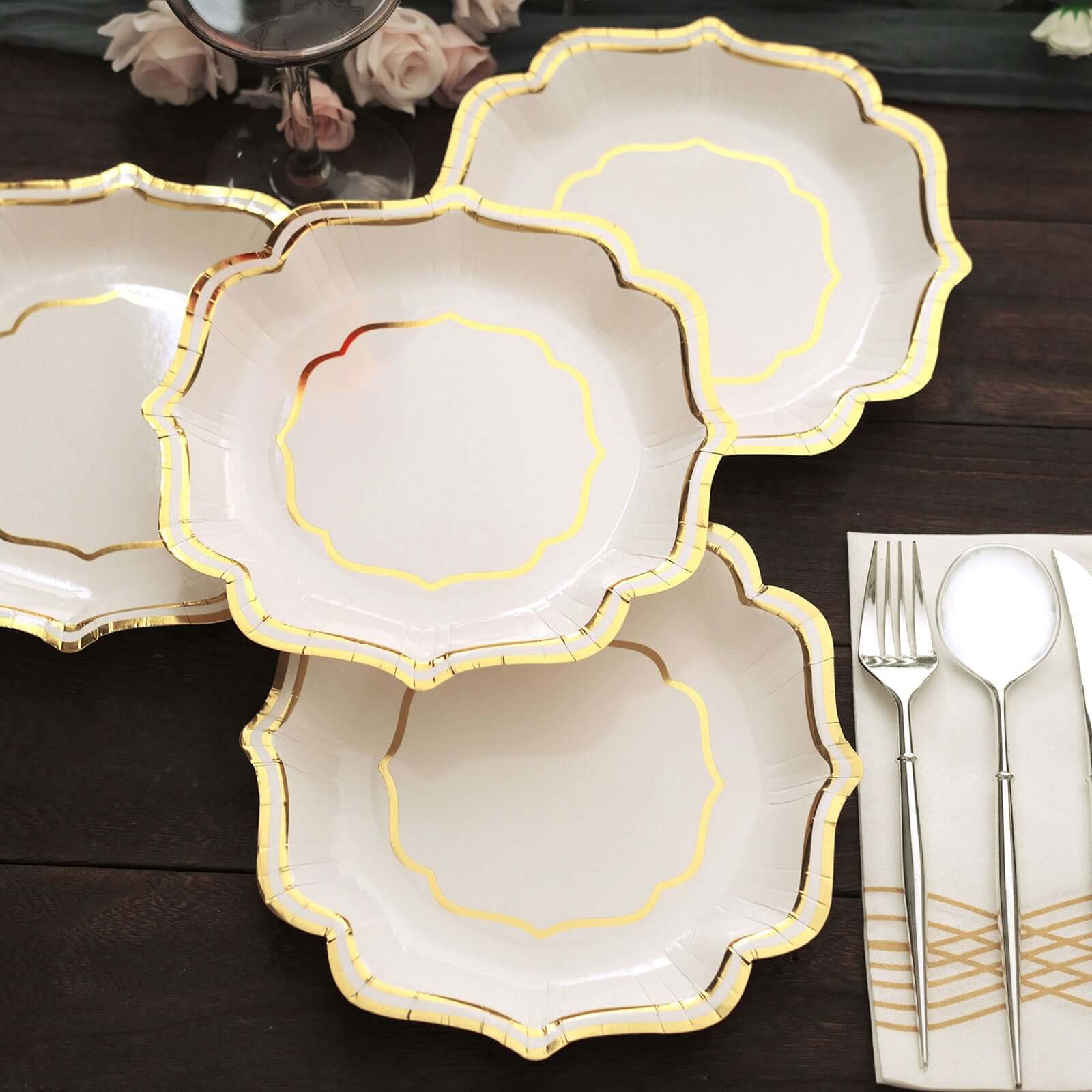 25-Pack Disposable White Paper Dessert Plates with Gold Scallop Rim - Ideal for Classy Events