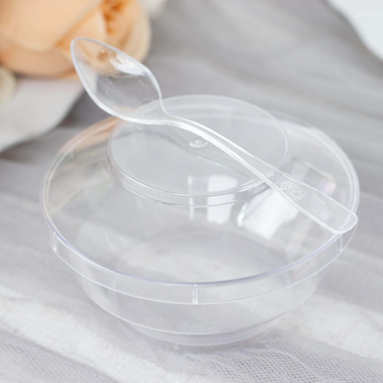 24-Piece Clear Plastic Mini Party Bowl Set with Lid and Spoon - 3.5oz Ideal for Desserts