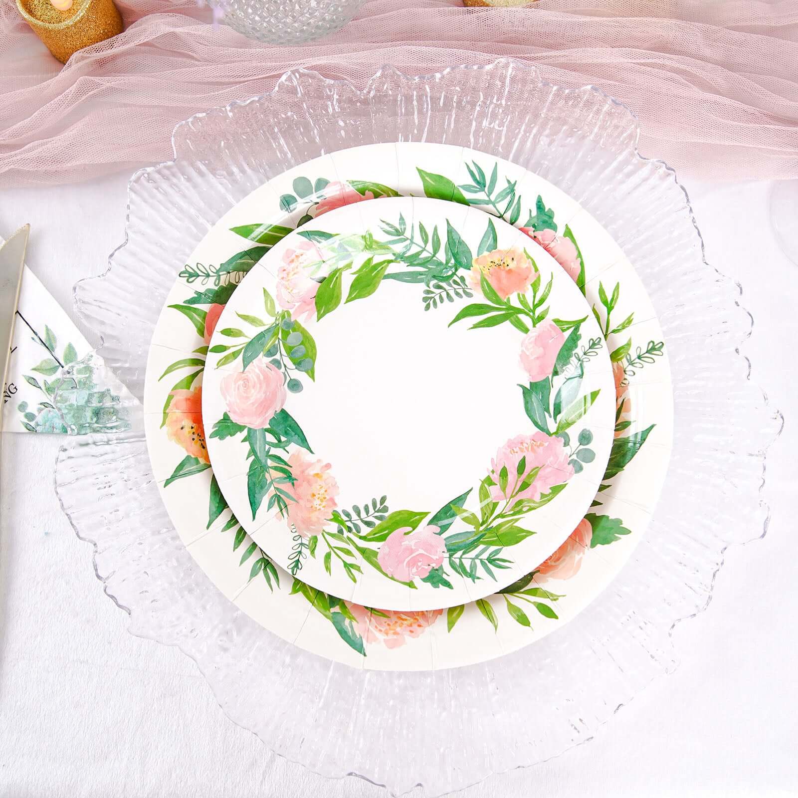 Hot Deal! 25-Pack 7" White Disposable Dessert Plates with Rose/Peony Wreath for Special Events