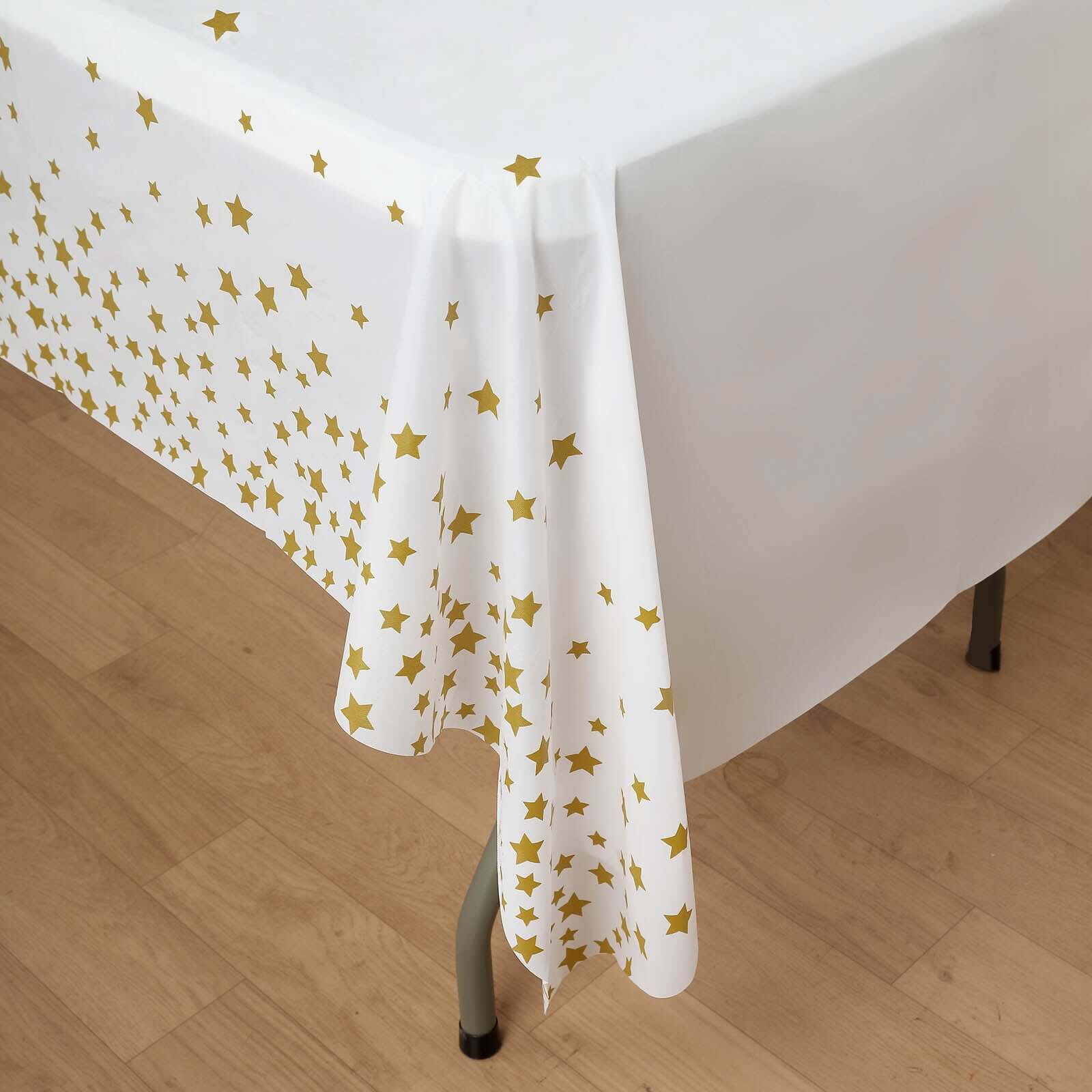 5-Pack Disposable White PVC Table Covers with Gold Stars, 54x108 Rectangle