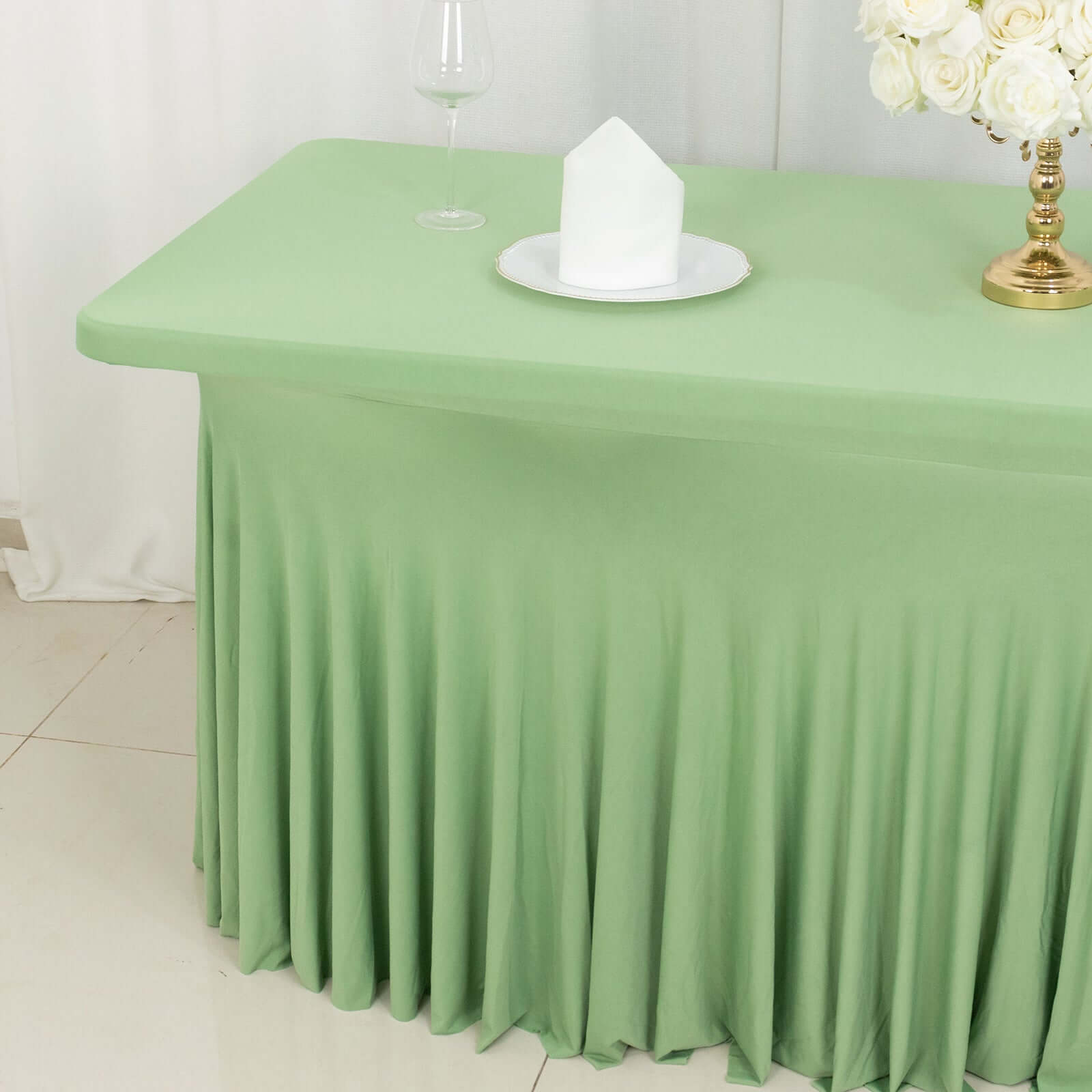 Sage Green Spandex Table Skirt with Wavy Effect for 6ft Tables