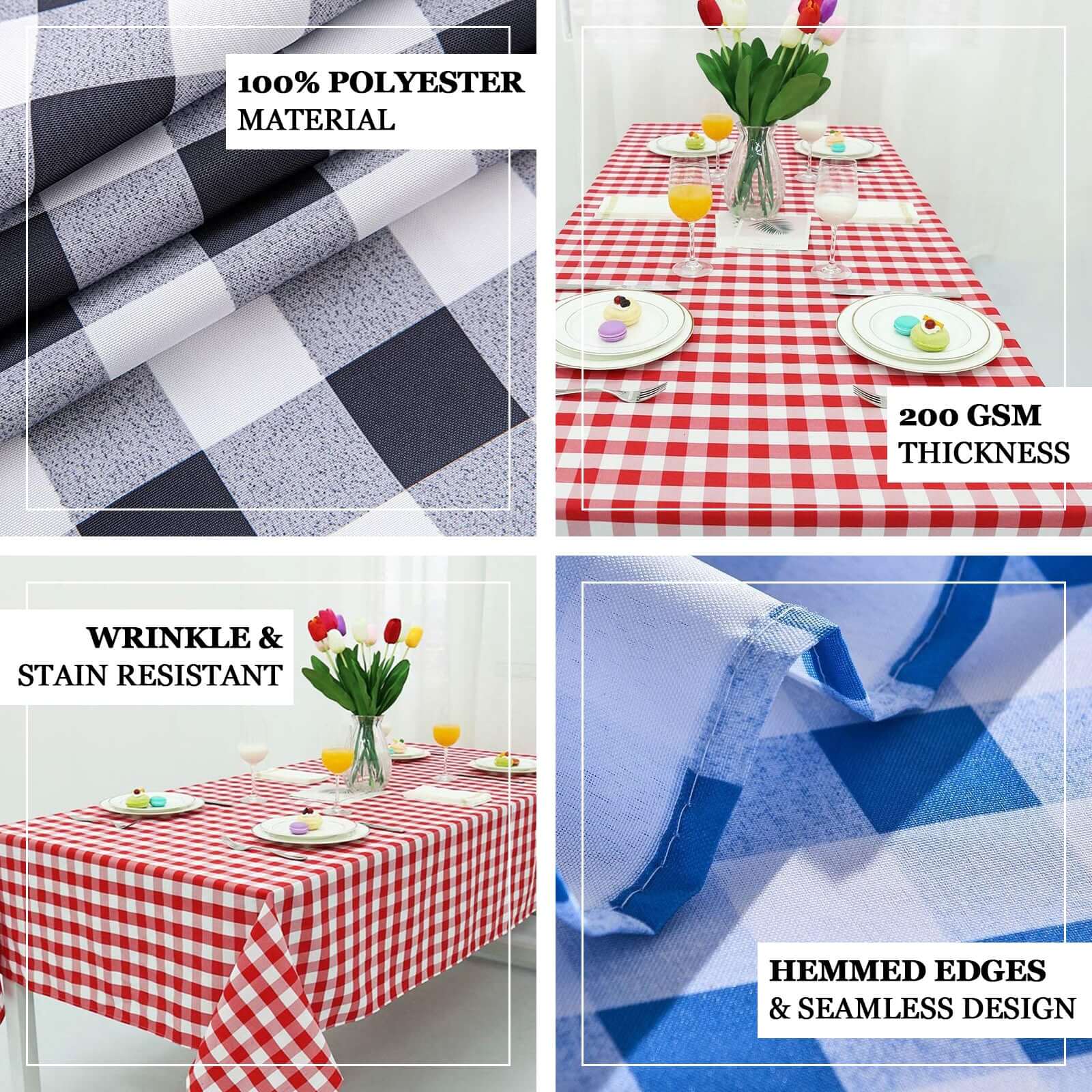 Hot! Seamless White/Red Checkered Polyester Rectangle Tablecloth 90x132
