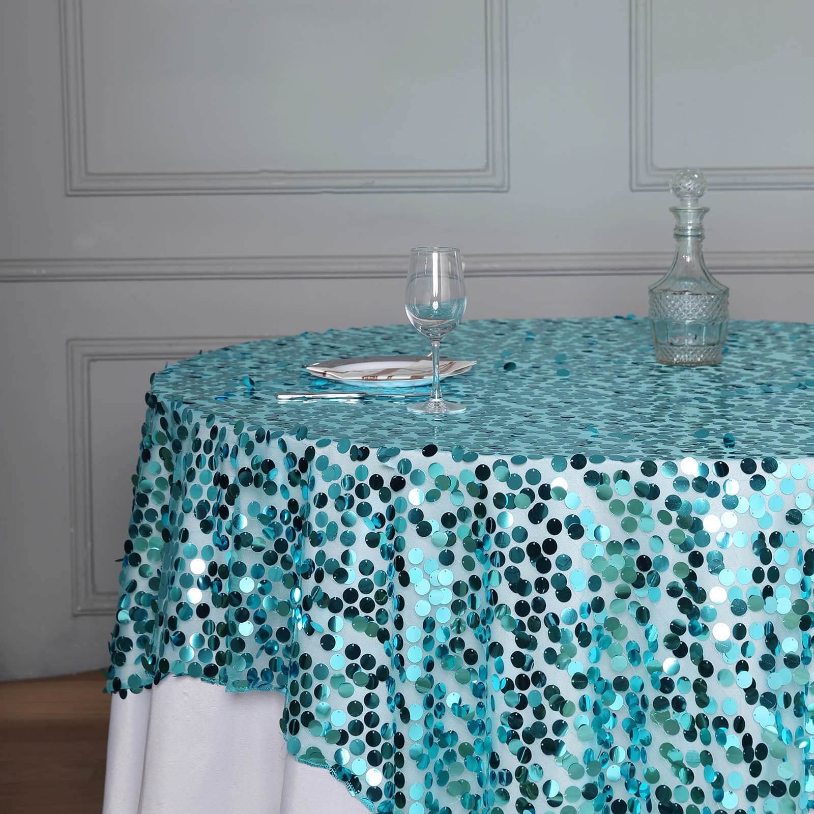Big Sale! Turquoise Sequin Square Table Overlay, 72x72 Inches for Table Decoration