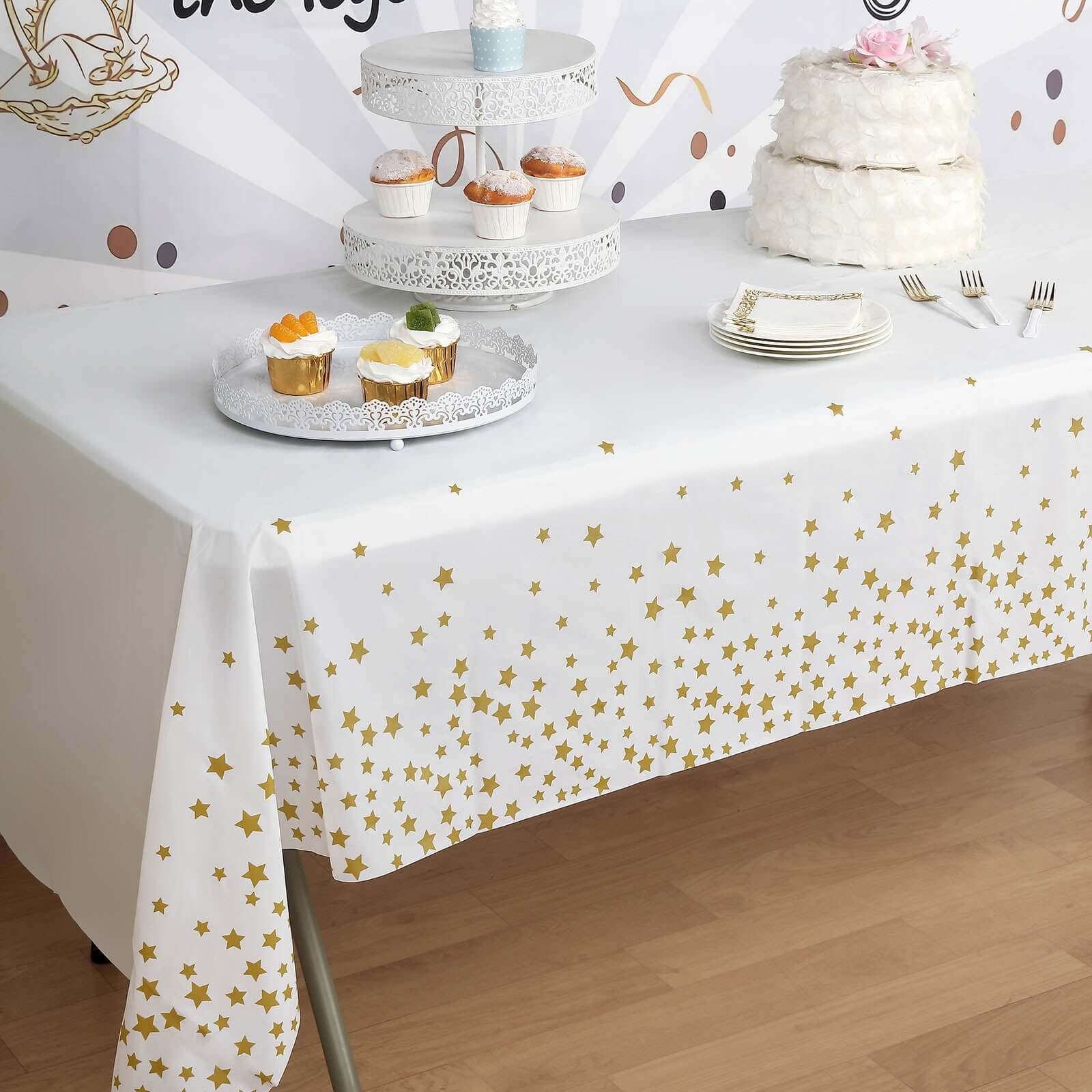 5-Pack Disposable White PVC Table Covers with Gold Stars, 54x108 Rectangle