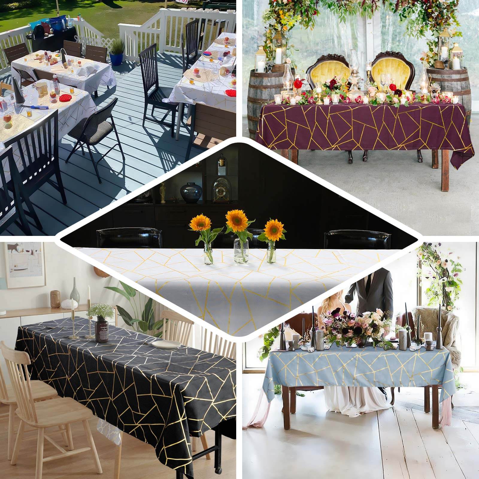 Wrinkle-Resistant & Durable Polyester Tablecloth in Hunter Emerald Green with Gold Foil Geometric Design
