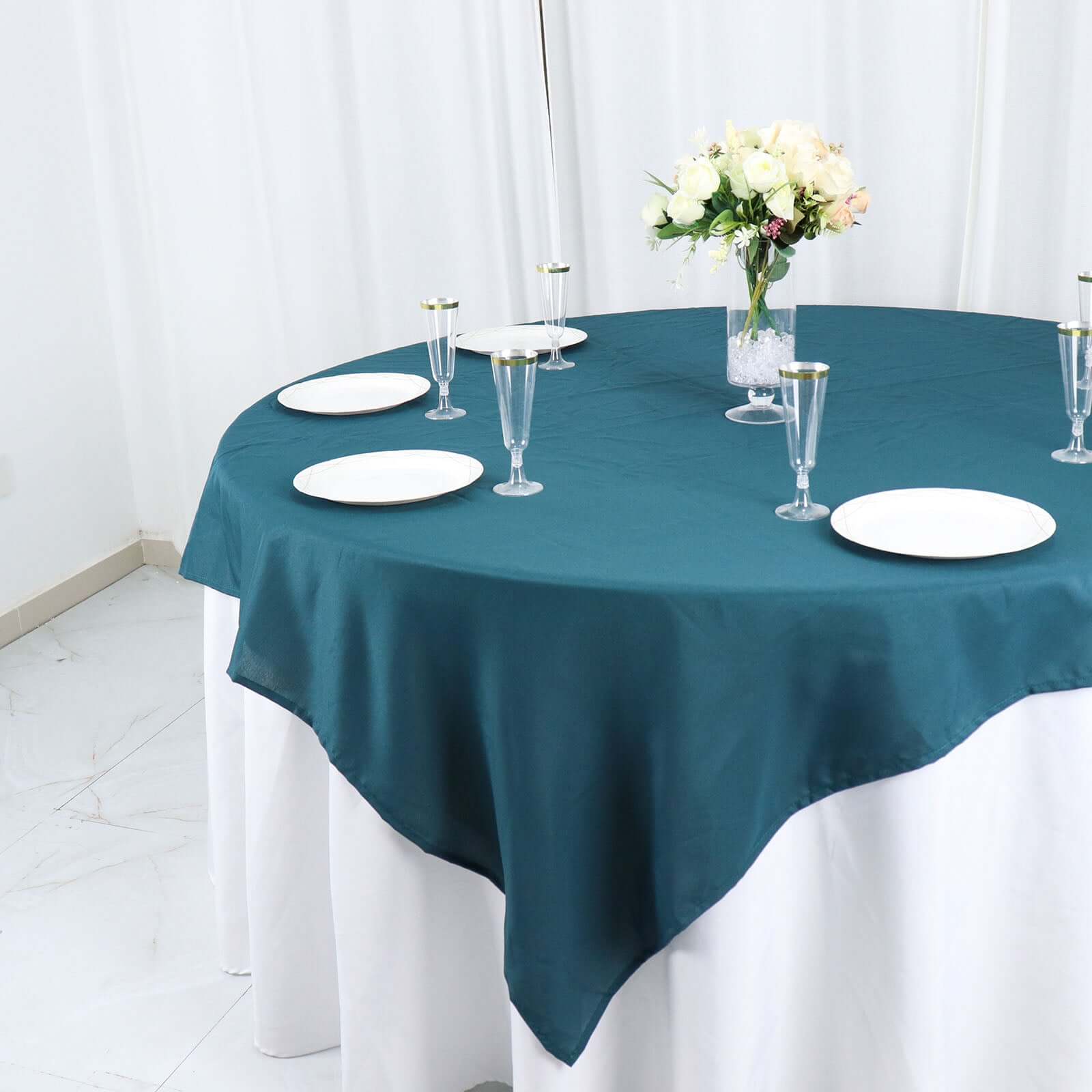 Wrinkle-Resistant & Durable 70x70 Polyester Square Table Overlay in Peacock Teal