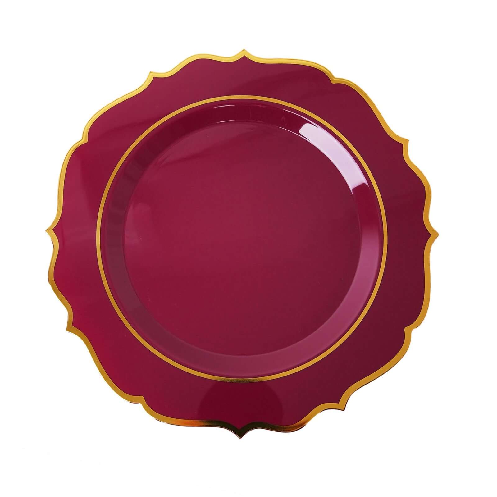 10-Piece Set of Disposable Burgundy Plastic Round Desert Plates with Gold Scalloped Rim, 8-Inch