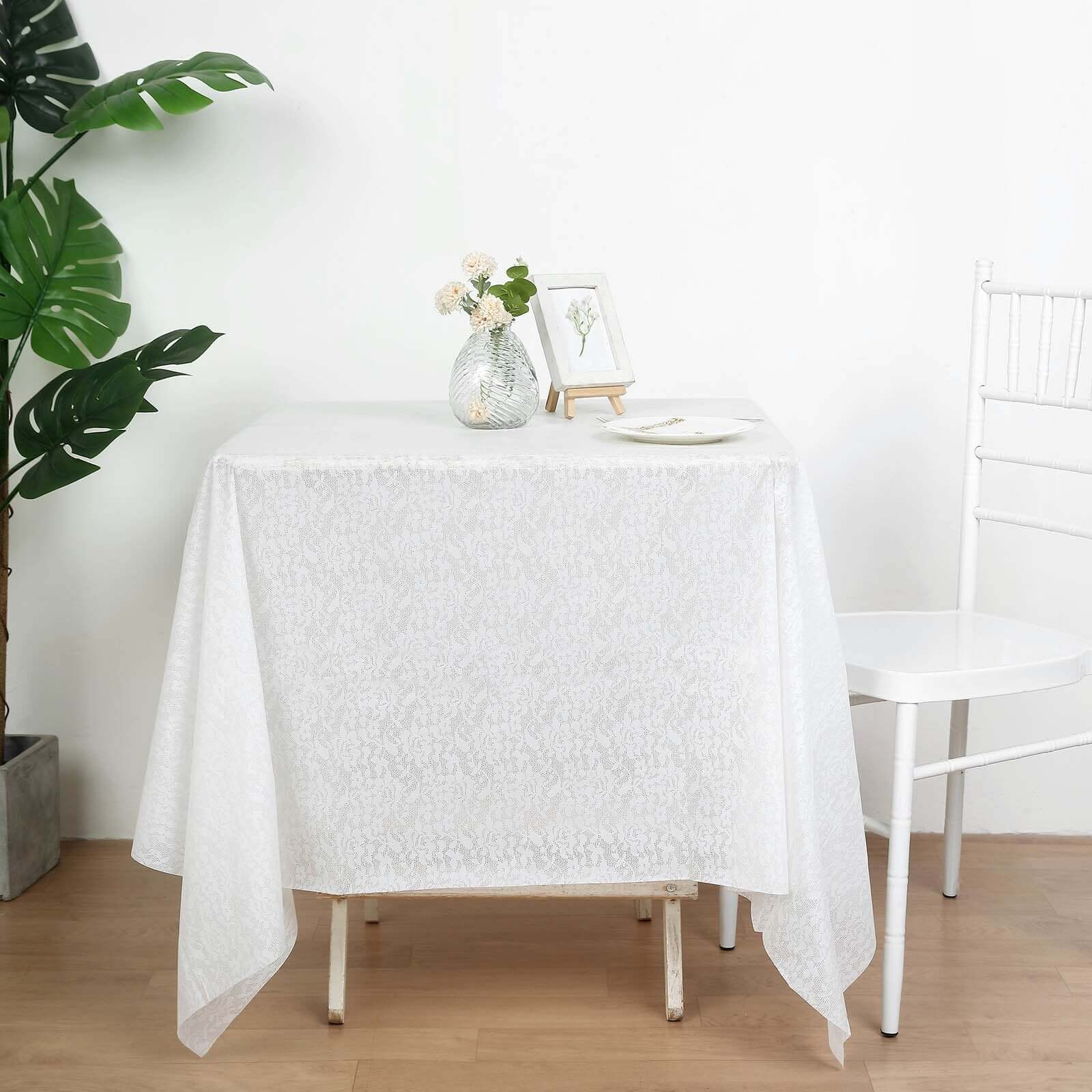 Waterproof Disposable PVC Tablecloths in White Vintage Lace Square Design, 65x65