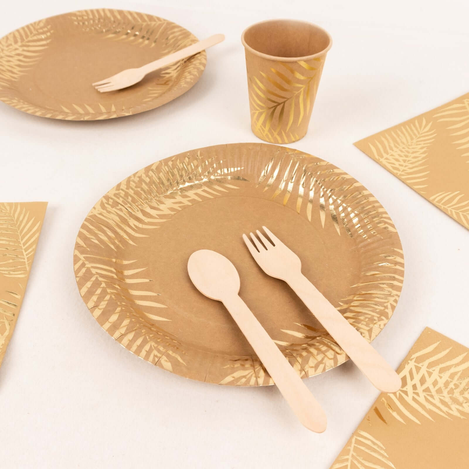 Hot Sale! 72-Piece Disposable Paper Dinnerware Set with Gold Foil Palm Leaves Print