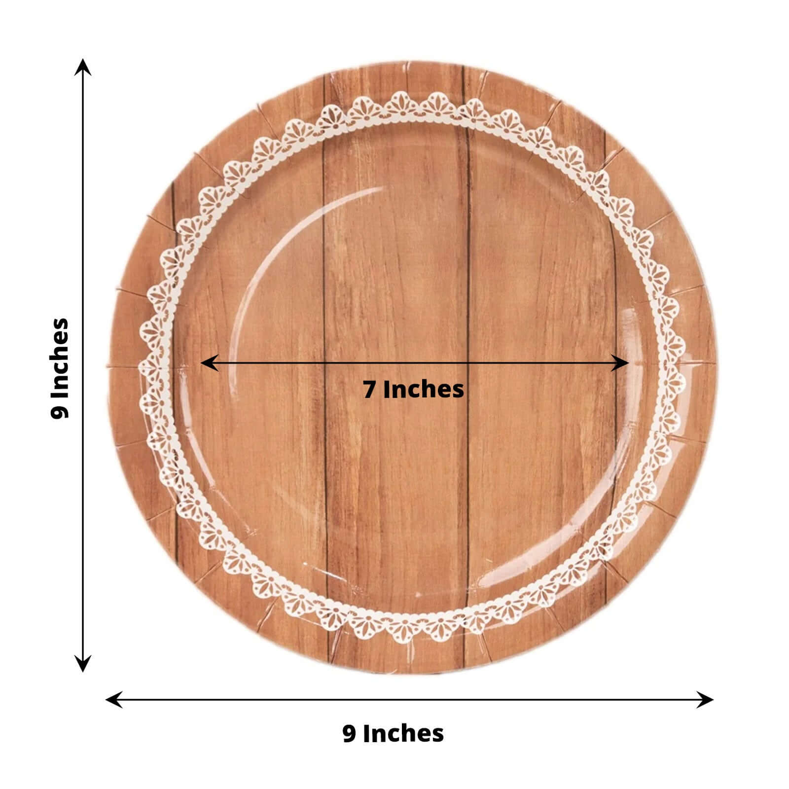25-Piece Set of 9-Inch Round Disposable Dinner Plates in Brown Wood Grain with White Lace Rim for Rustic Events